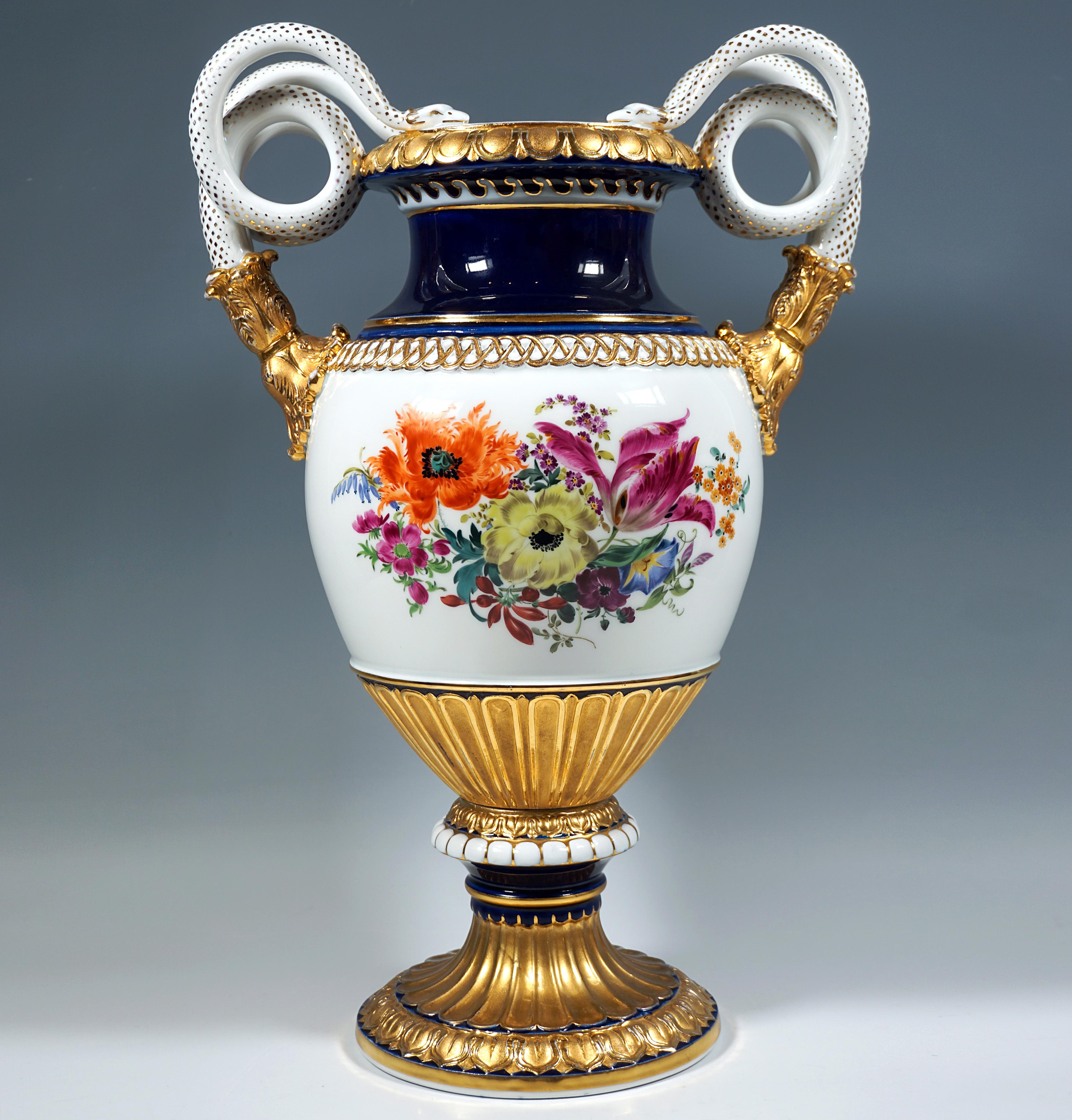 Baroque Meissen Snake Handle Vase With Flower Painting And Gilding, by Leuteritz, 20th For Sale