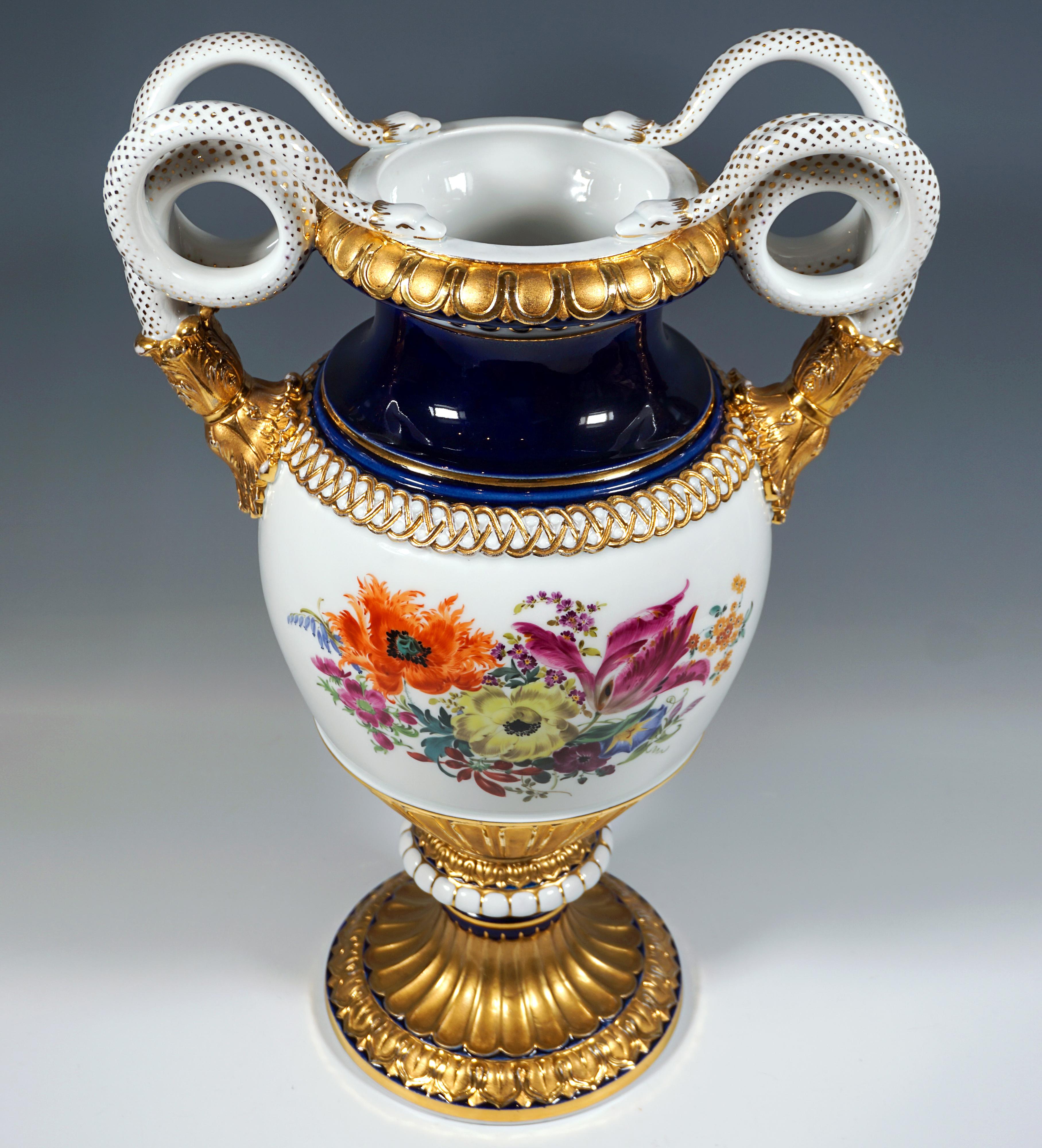 German Meissen Snake Handle Vase With Flower Painting And Gilding, by Leuteritz, 20th For Sale