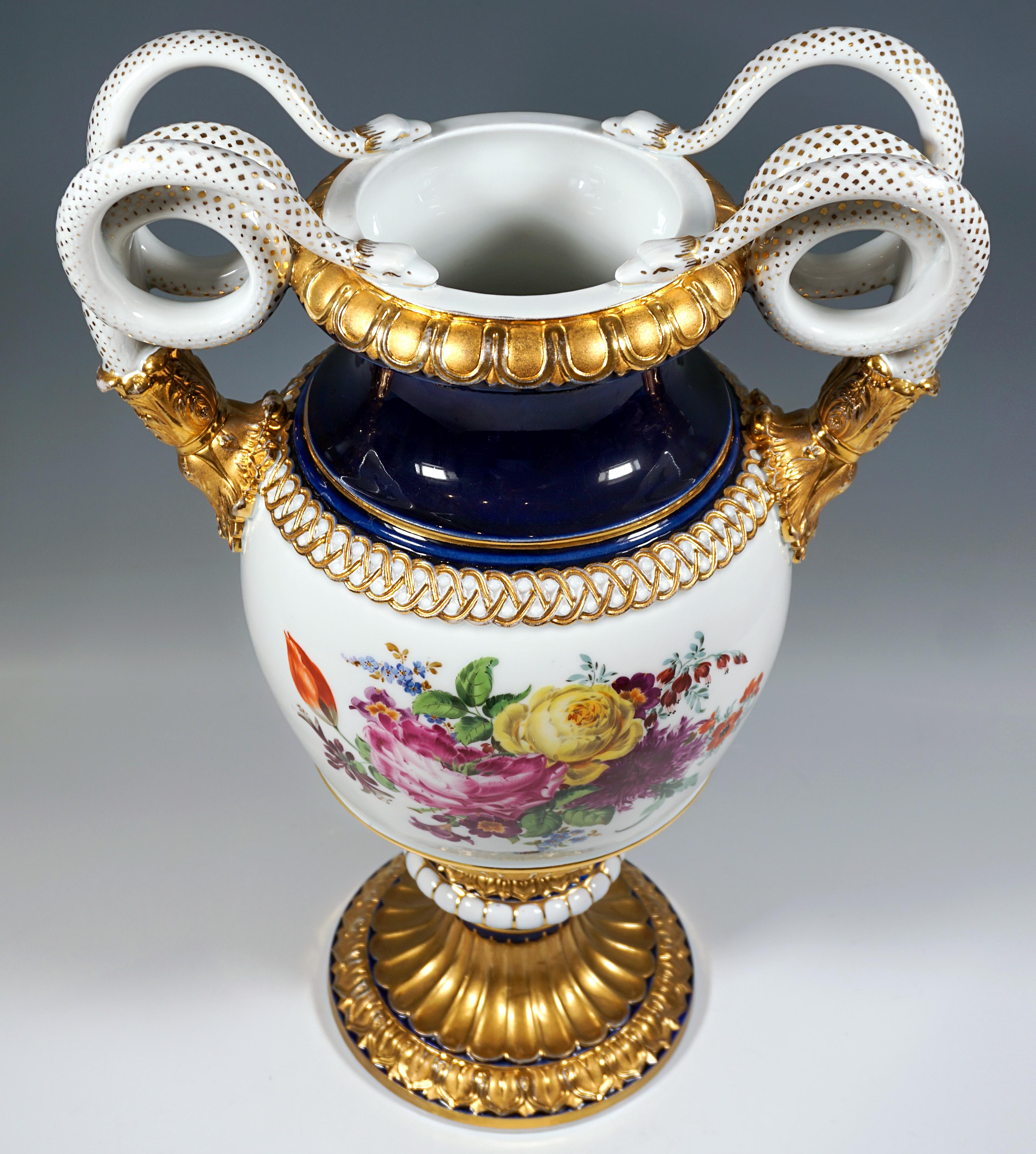 Hand-Crafted Meissen Snake Handle Vase With Flower Painting And Gilding, by Leuteritz, 20th For Sale