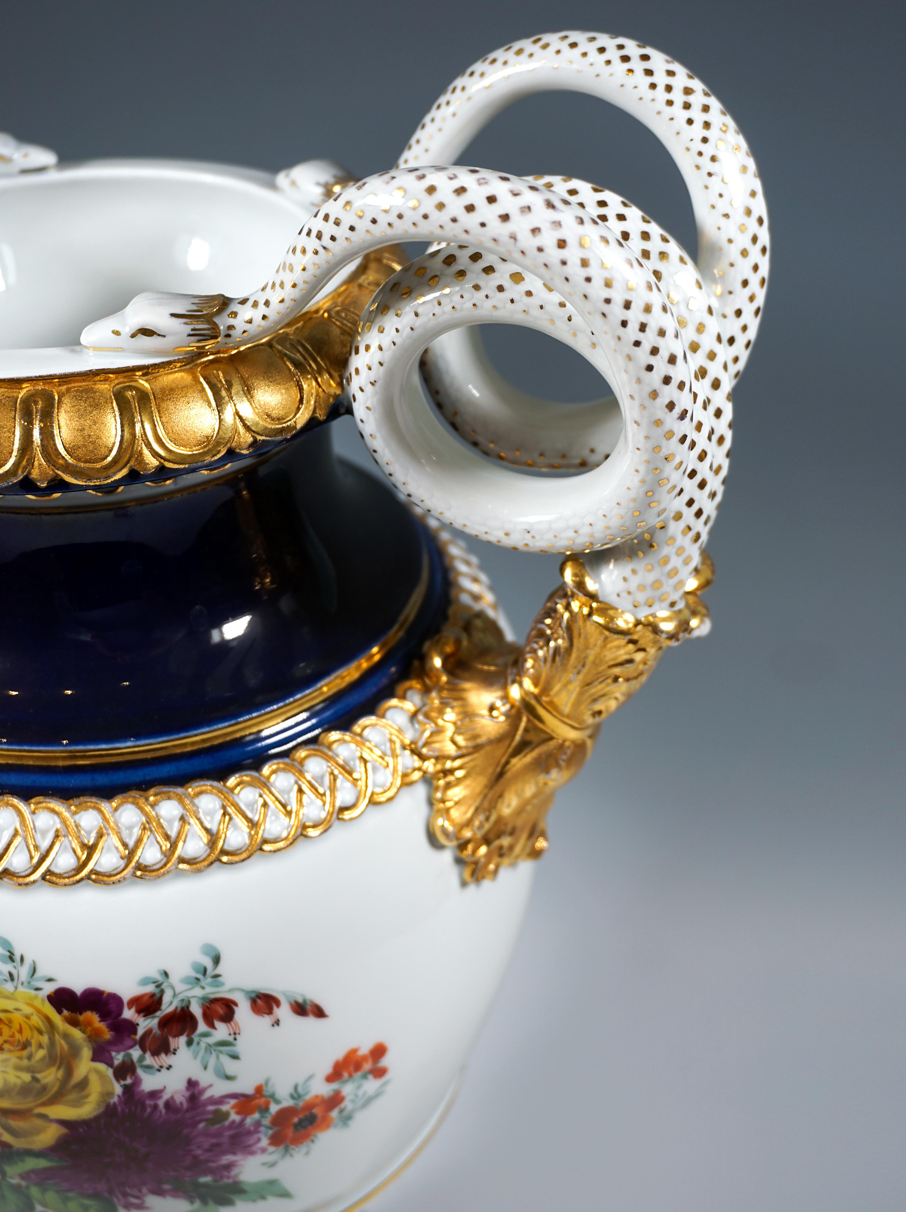 Mid-20th Century Meissen Snake Handle Vase With Flower Painting And Gilding, by Leuteritz, 20th For Sale