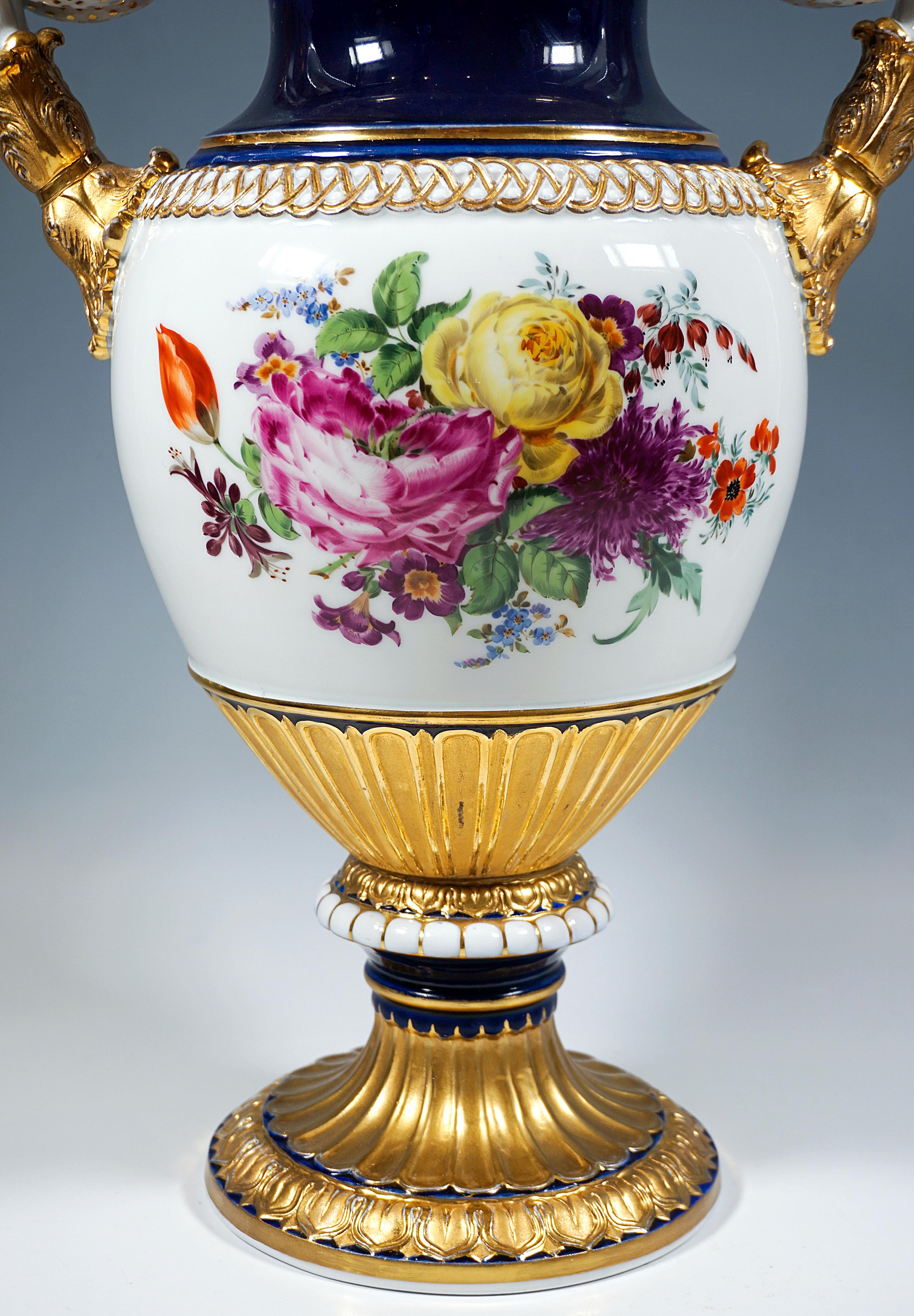 Porcelain Meissen Snake Handle Vase With Flower Painting And Gilding, by Leuteritz, 20th For Sale