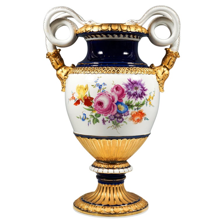 Meissen Snake Handle Vase With Flower Painting And Gilding, by Leuteritz, 20th