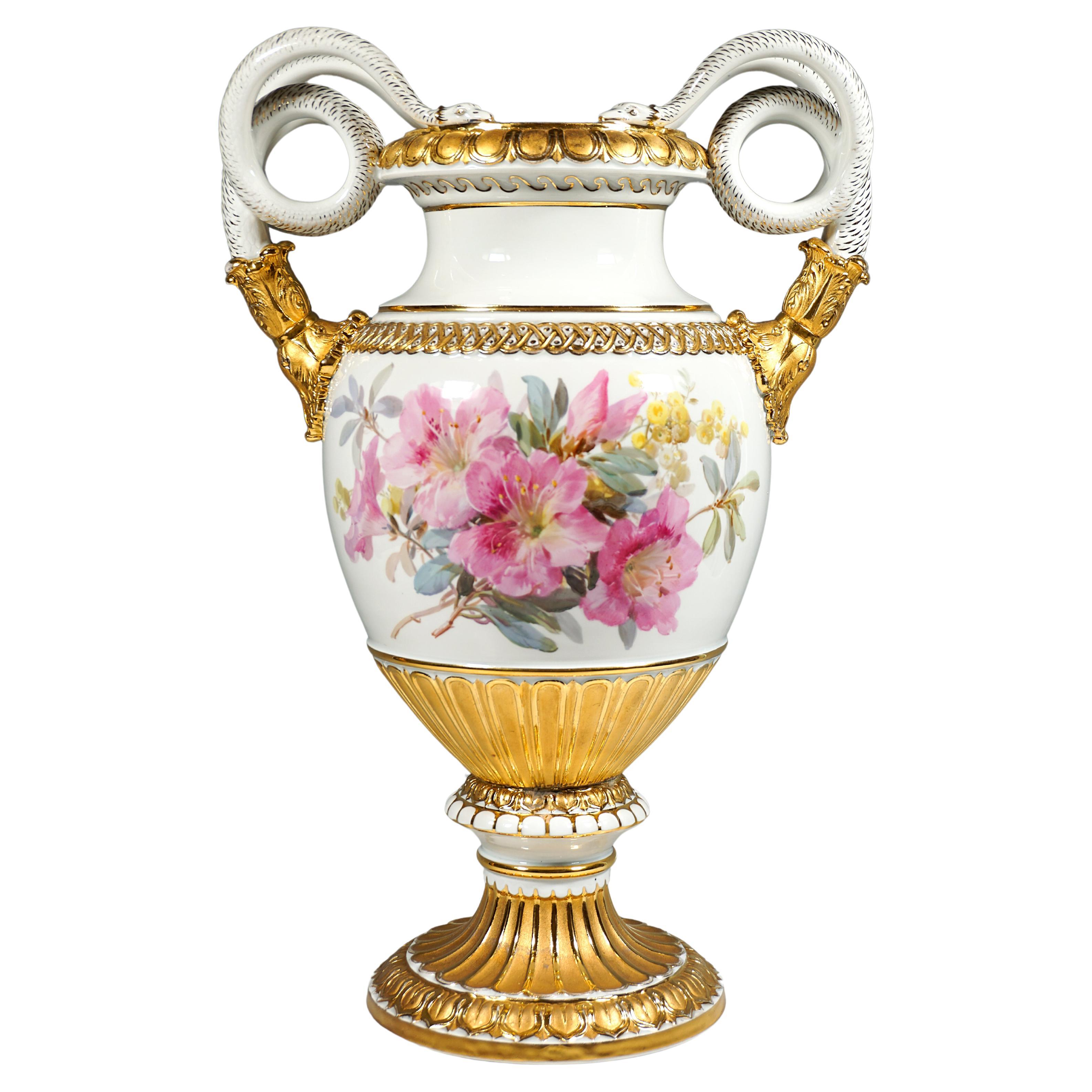 Meissen Snake Handle Vase With Soft Flower Painting, by Leuteritz, c 1865 H:48cm