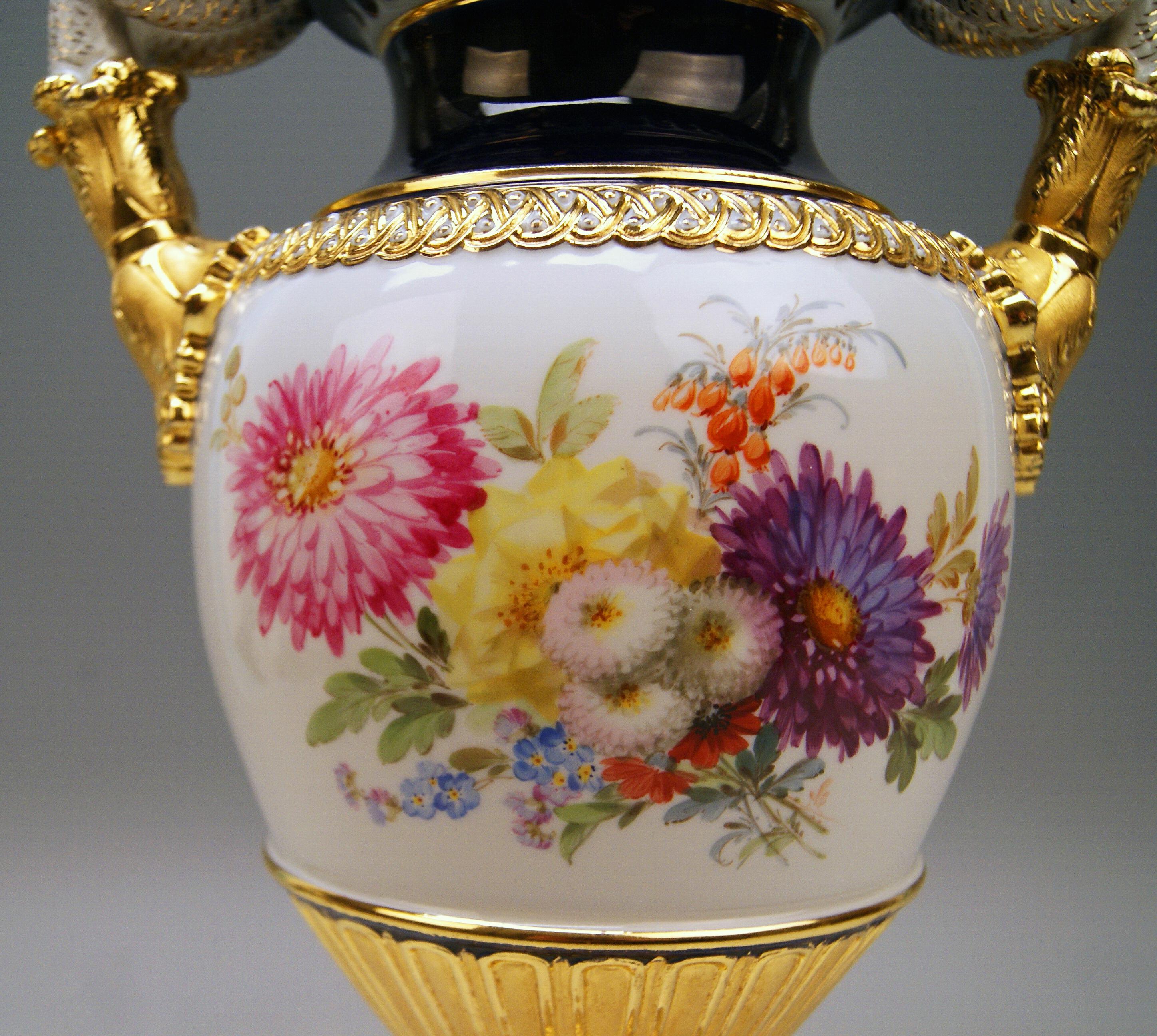 Meissen nicest snake handles vase / designed by Leuteritz 
Please note: Excellently painted with flowers!

Manufactory: Meissen 
Dating: made during 19th century (circa 1870)
Hallmarked: Meissen Mark with Pommels on Hilts (= 19th century)
First