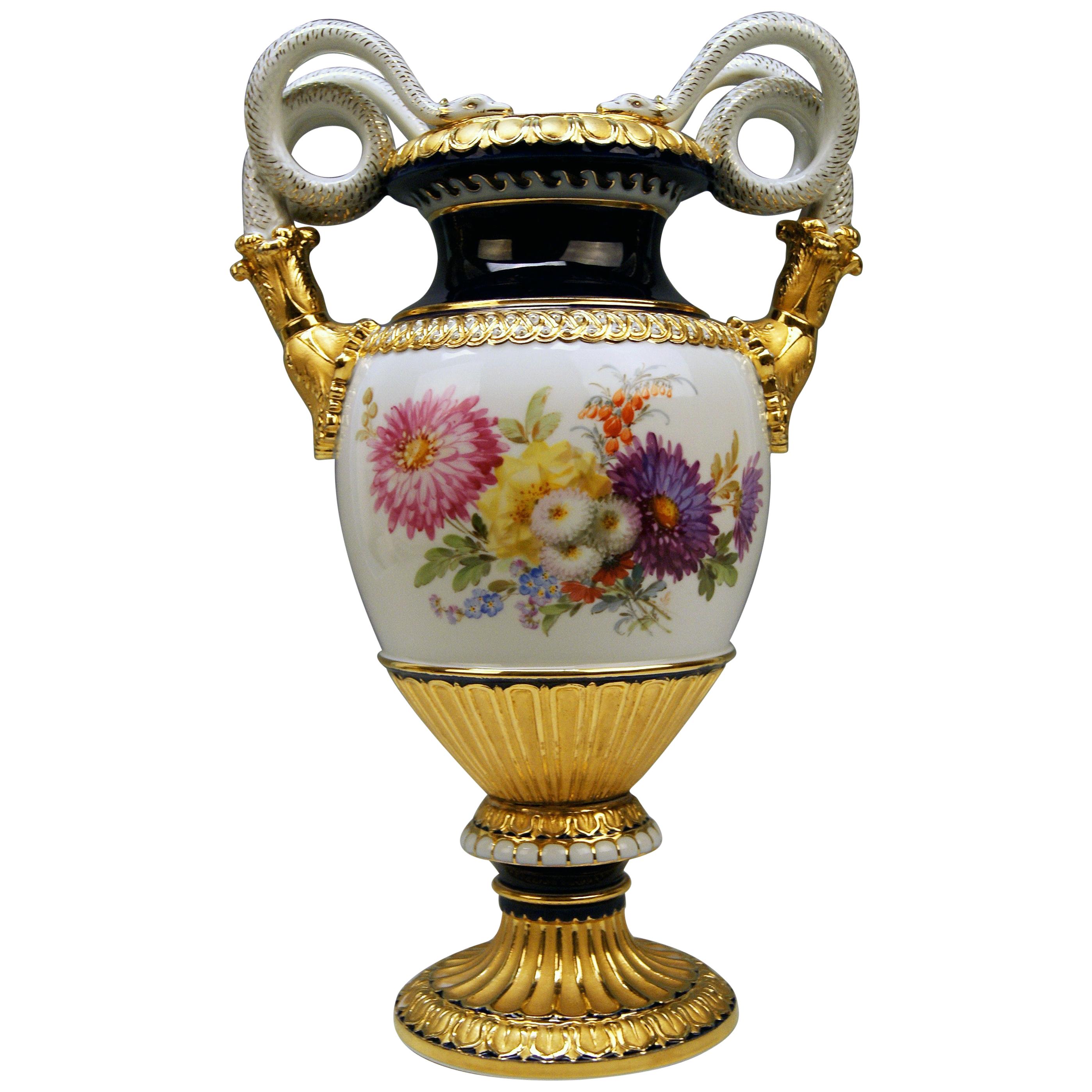 Meissen Snake Handles Vase Dahlia Flowers Leuteritz E 116 Height 39cm by ca.1870
