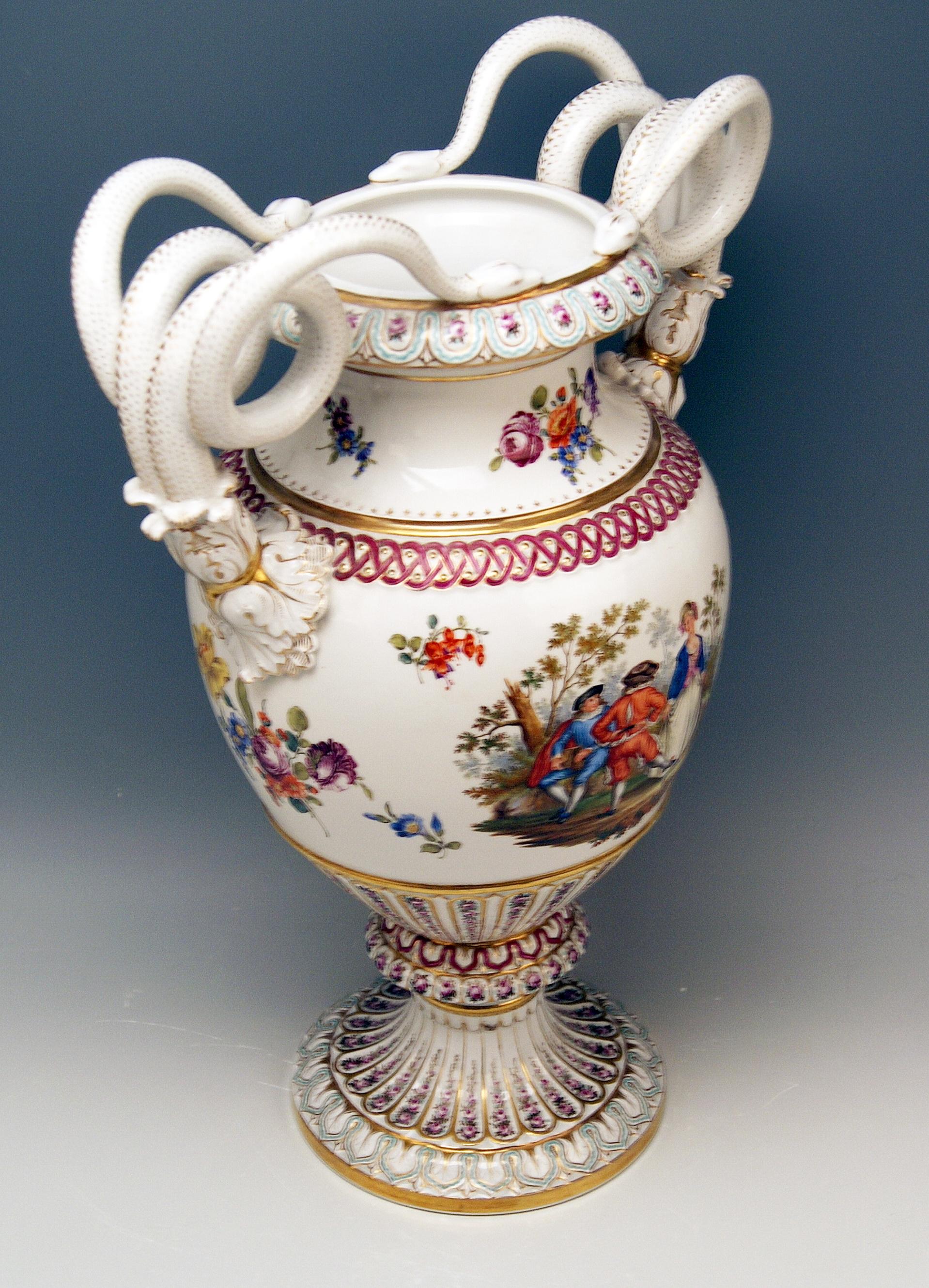 German Meissen Snake Handles Vase Flowers Figurines A 148 Height Made 1870