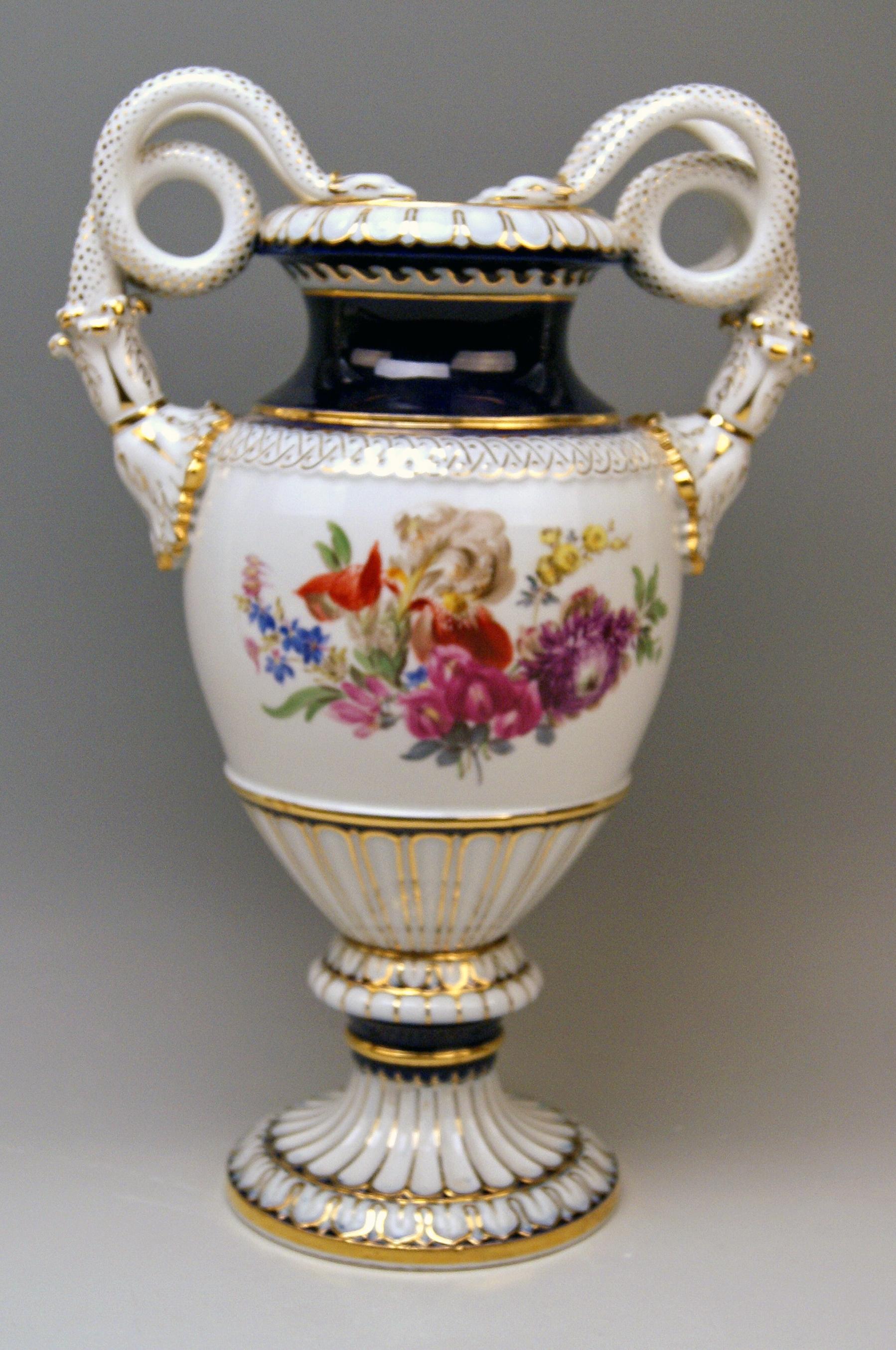 Meissen nicest snake handles vase or designed by Leuteritz 
Please note: Excellently painted with flowers !

Manufactory: Meissen 
Dating: made during 19th century (circa 1870)
Hallmarked: Meissen Mark with Pommels on Hilts (= 19th
