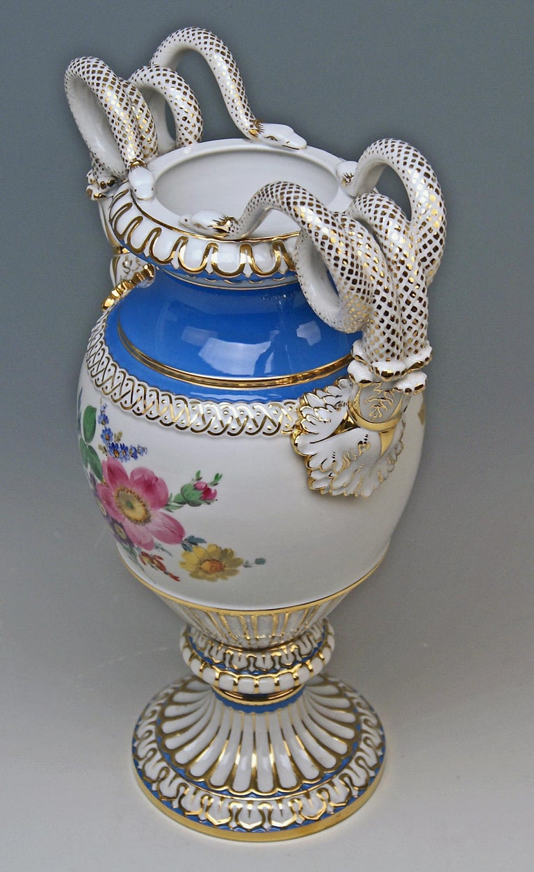 Meissen Snake Handles Vase Painted Model E 116 Design by Leuteritz