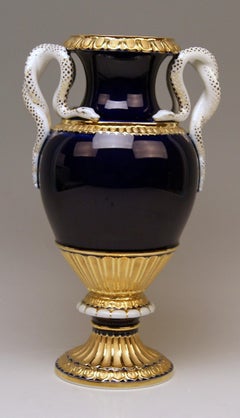 Meissen Snake Handles Vase Painted Model E 153 Designed by Leuteritz, circa 1870