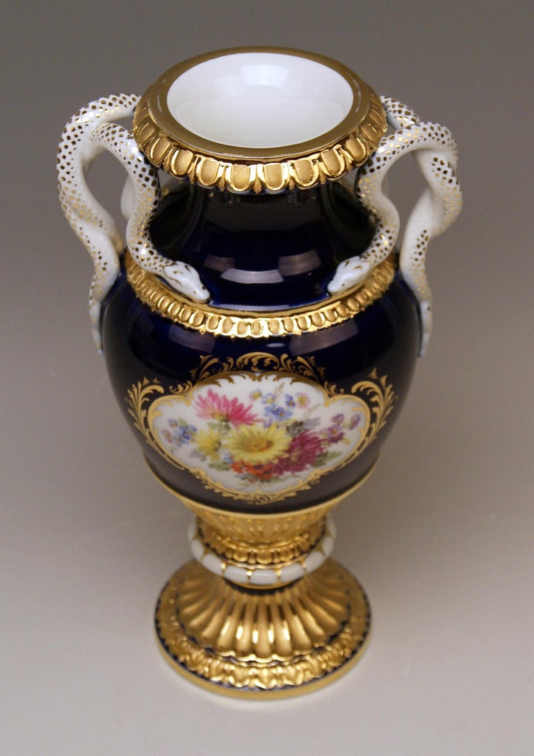 Meissen Snake Handles Vase Painted Model E 153 Designed by Leuteritz