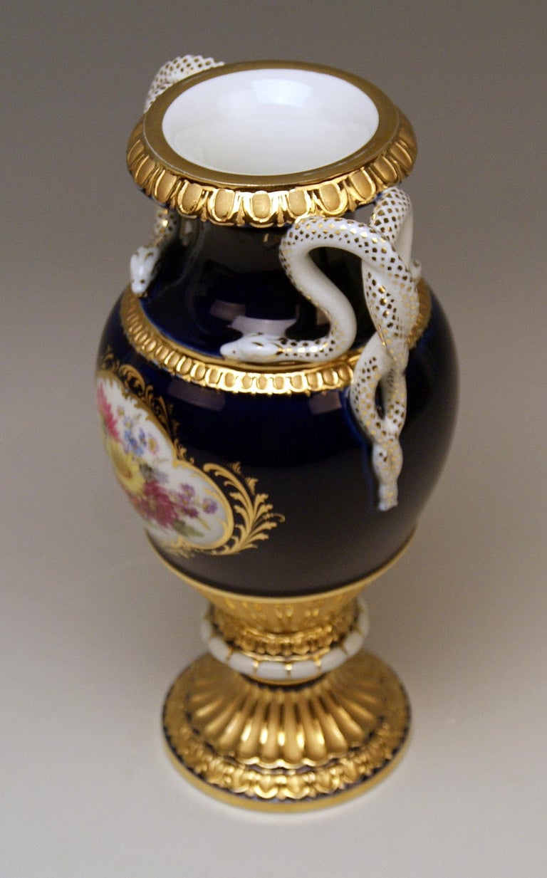 Meissen Snake Handles Vase Painted Model E 153 Designed by Leuteritz