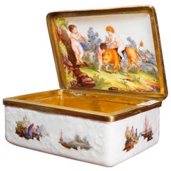 Antique Meissen Snuff Box with Fishing Scenes, Interior with Lion & Children, circa 1755