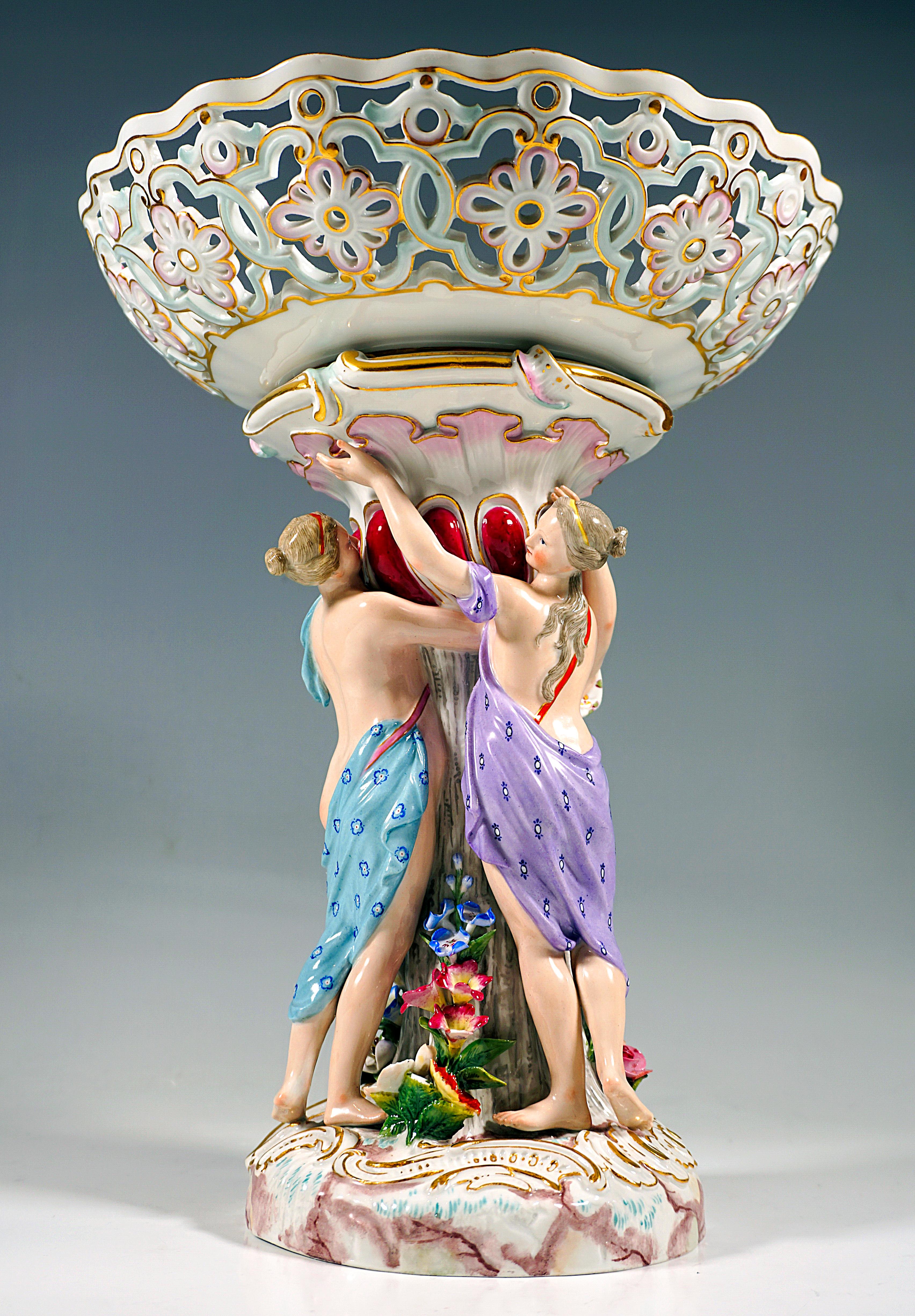 Glazed Meissen Splendour Centerpiece with Three Graces Supporting Bowl, Kaendler c 1860