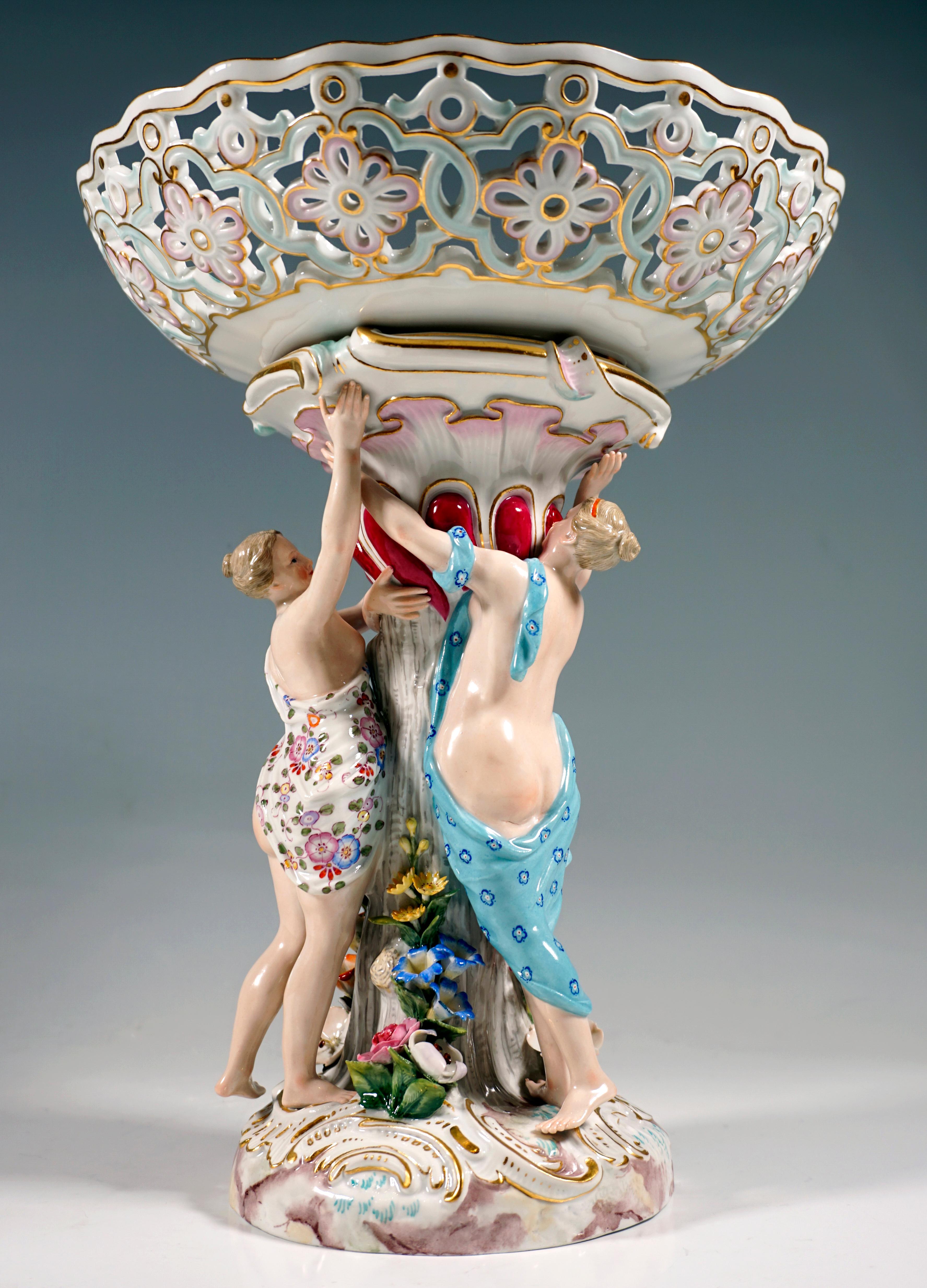 Meissen Splendour Centerpiece with Three Graces Supporting Bowl, Kaendler c 1860 In Good Condition In Vienna, AT