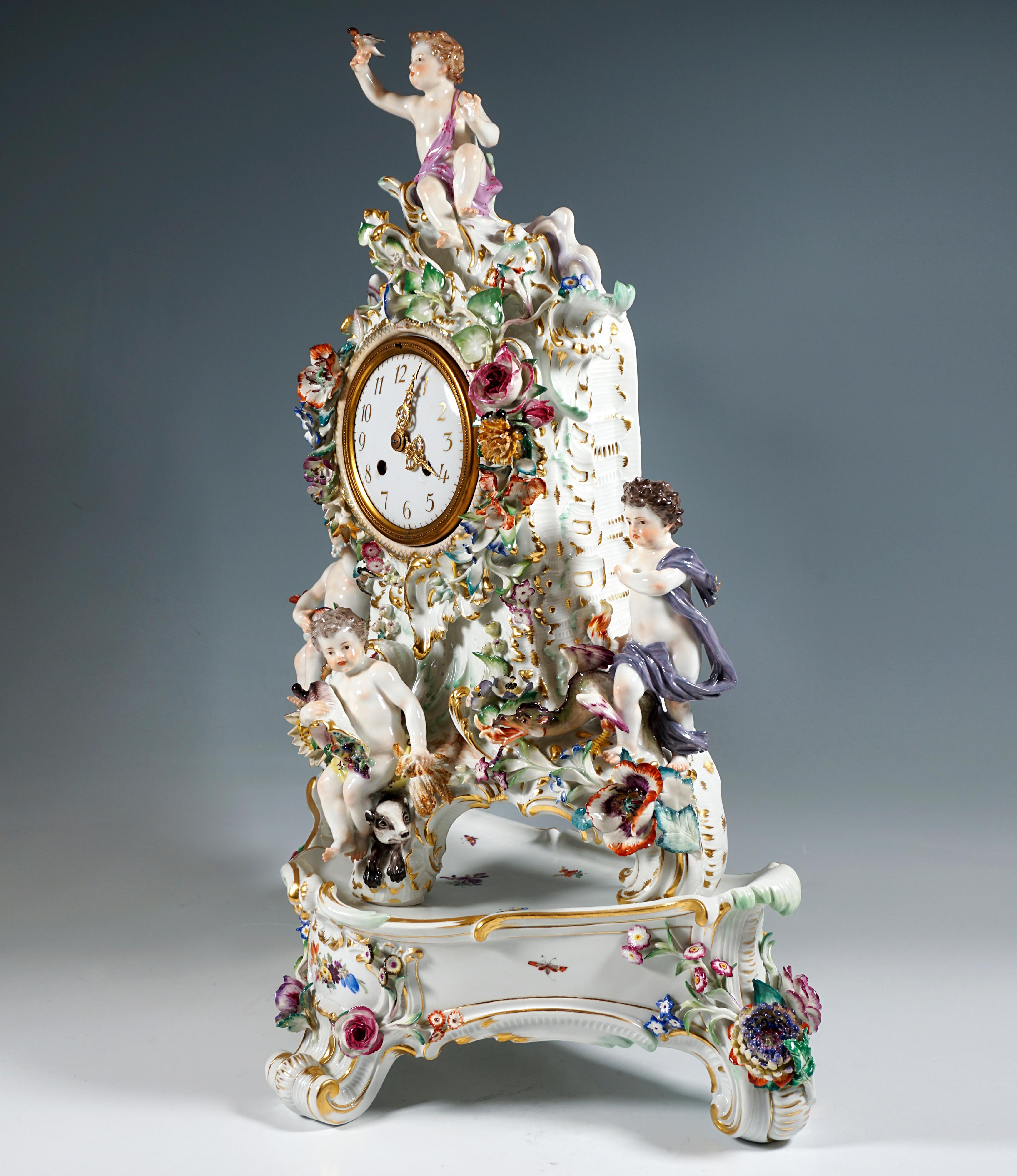 Rococo Meissen Splendour Clock Case the Four Elements Putto by F.E. Meyer, circa 1880