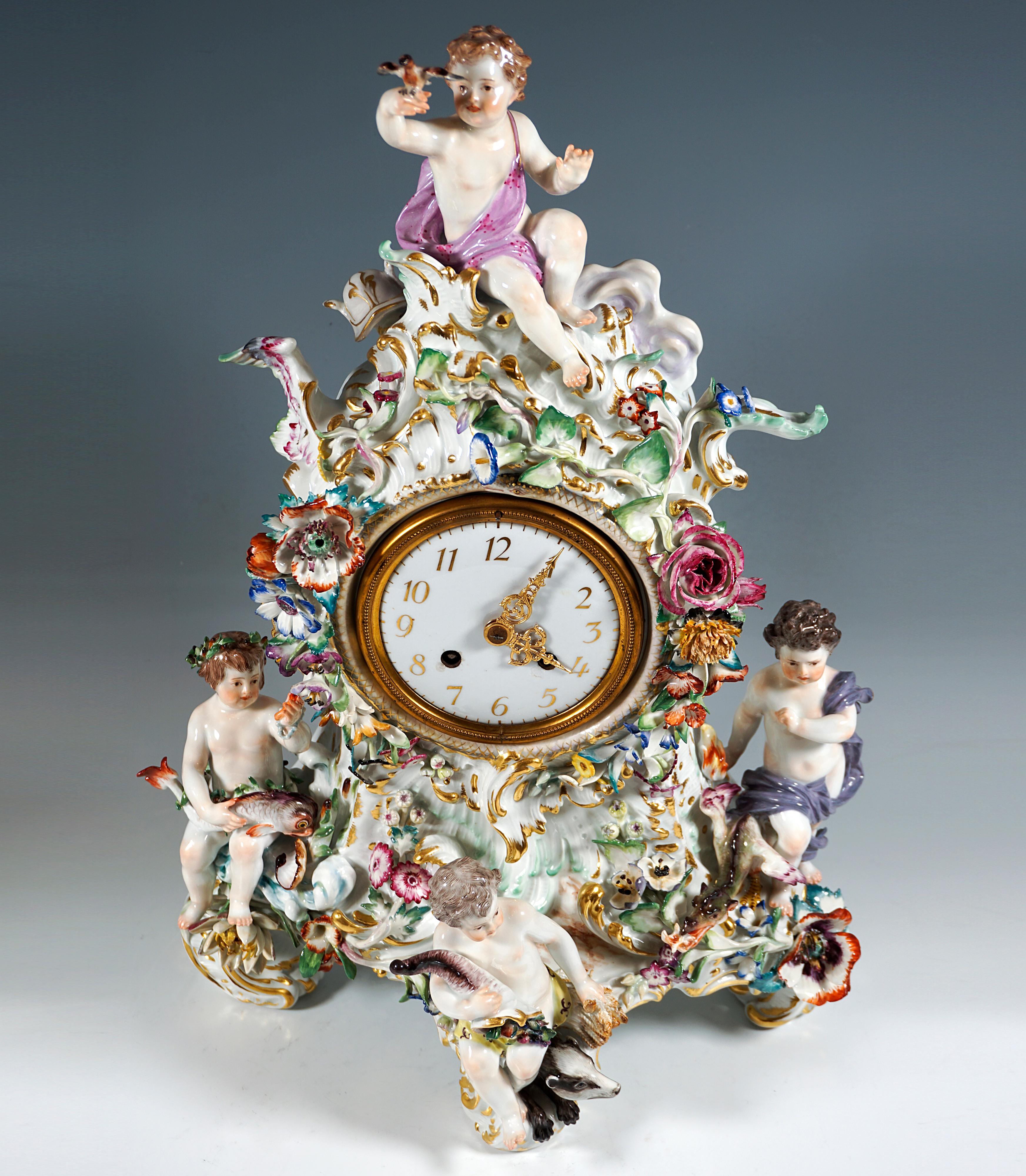 German Meissen Splendour Clock Case the Four Elements Putto by F.E. Meyer, circa 1880