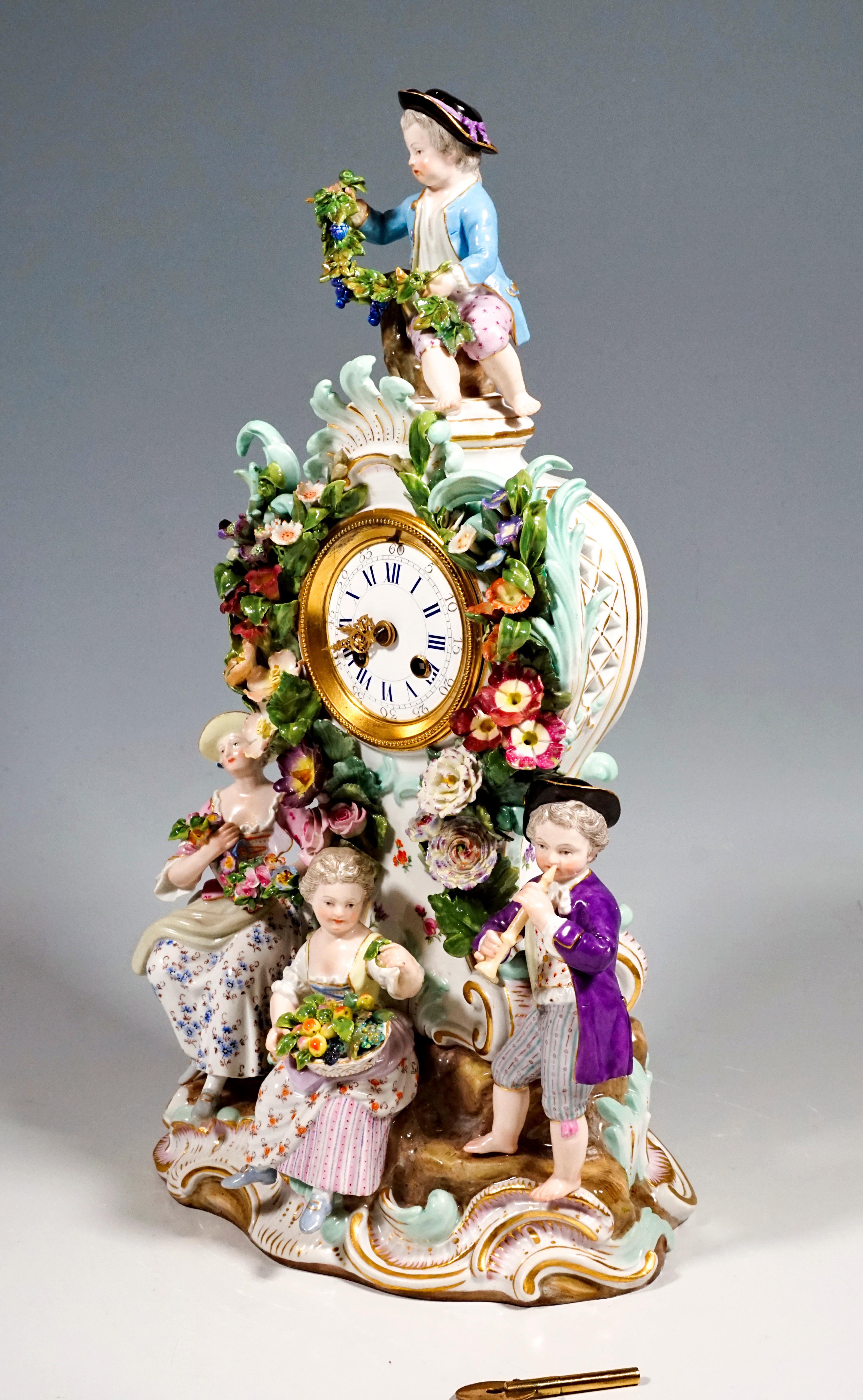 German Meissen Splendour Clock with Gardener Figures by E.A. Leuteritz, circa 1880