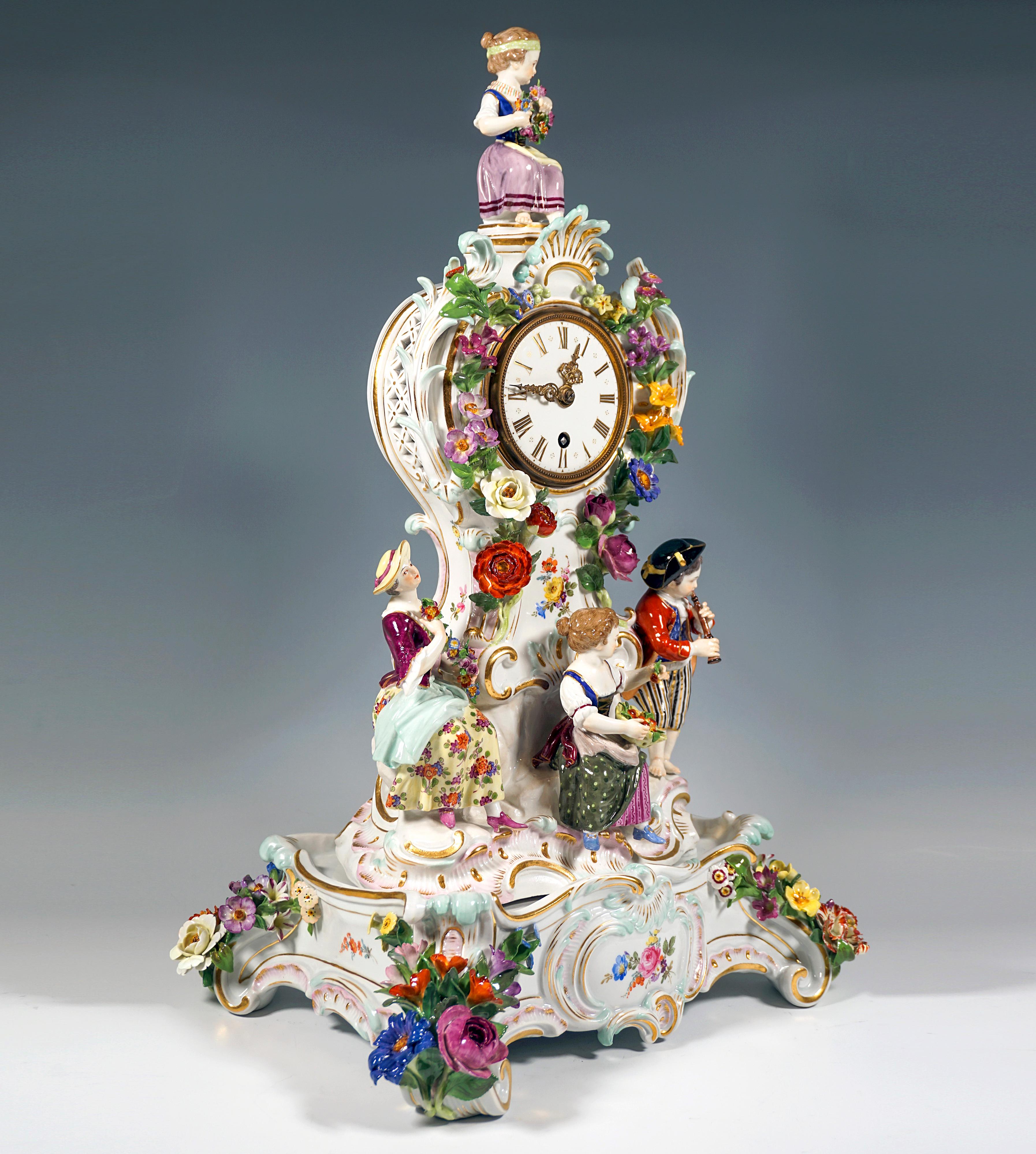 Rococo Meissen Splendour Clock With Gardener Figures On Pedestal by Leuteritz, Ca 1880 For Sale