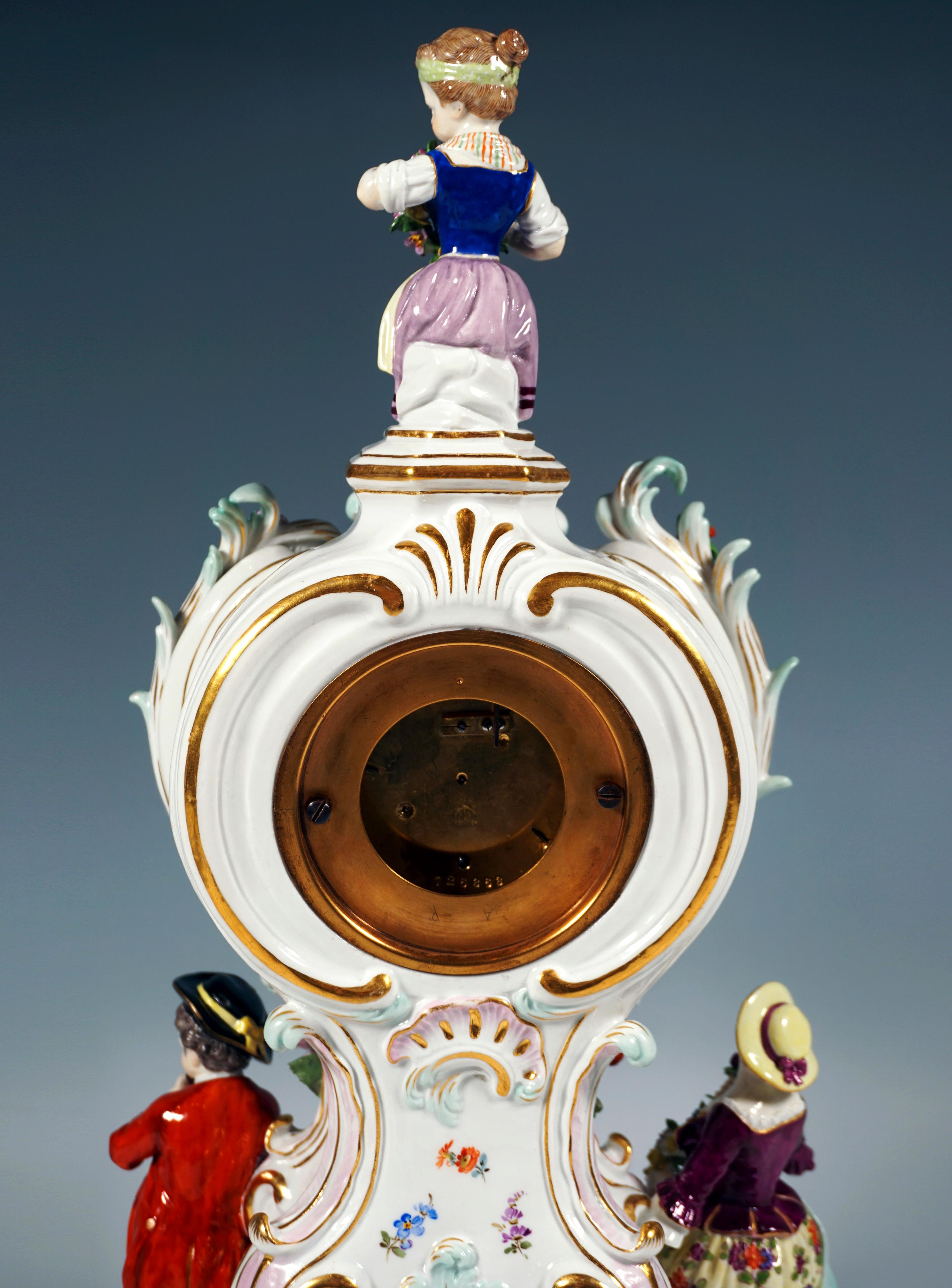 Meissen Splendour Clock With Gardener Figures On Pedestal by Leuteritz, Ca 1880 For Sale 1