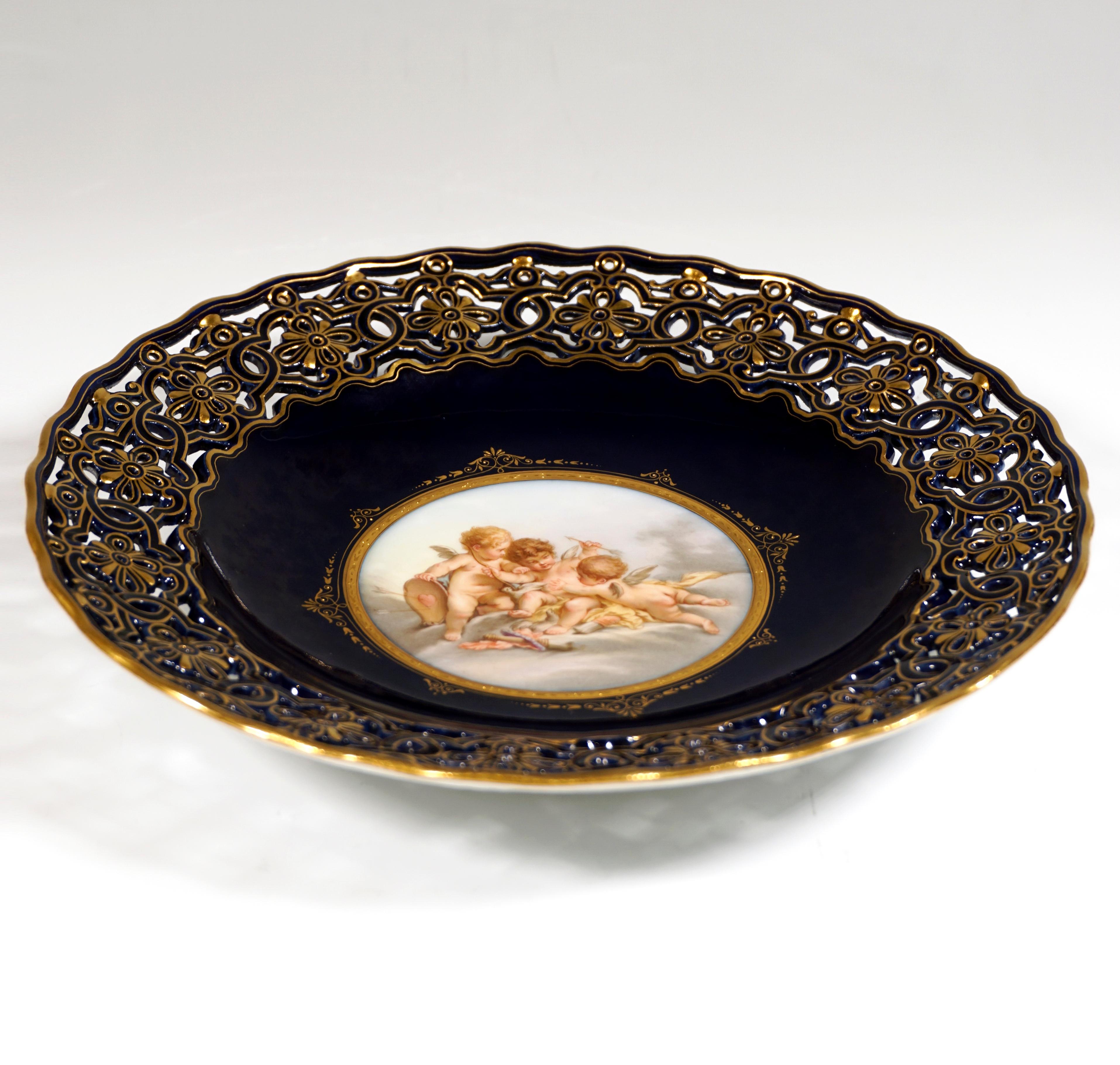 Hand-Crafted Meissen Splendour Plate with Breakthrough Edge and Cupid Scenery, ca 1880