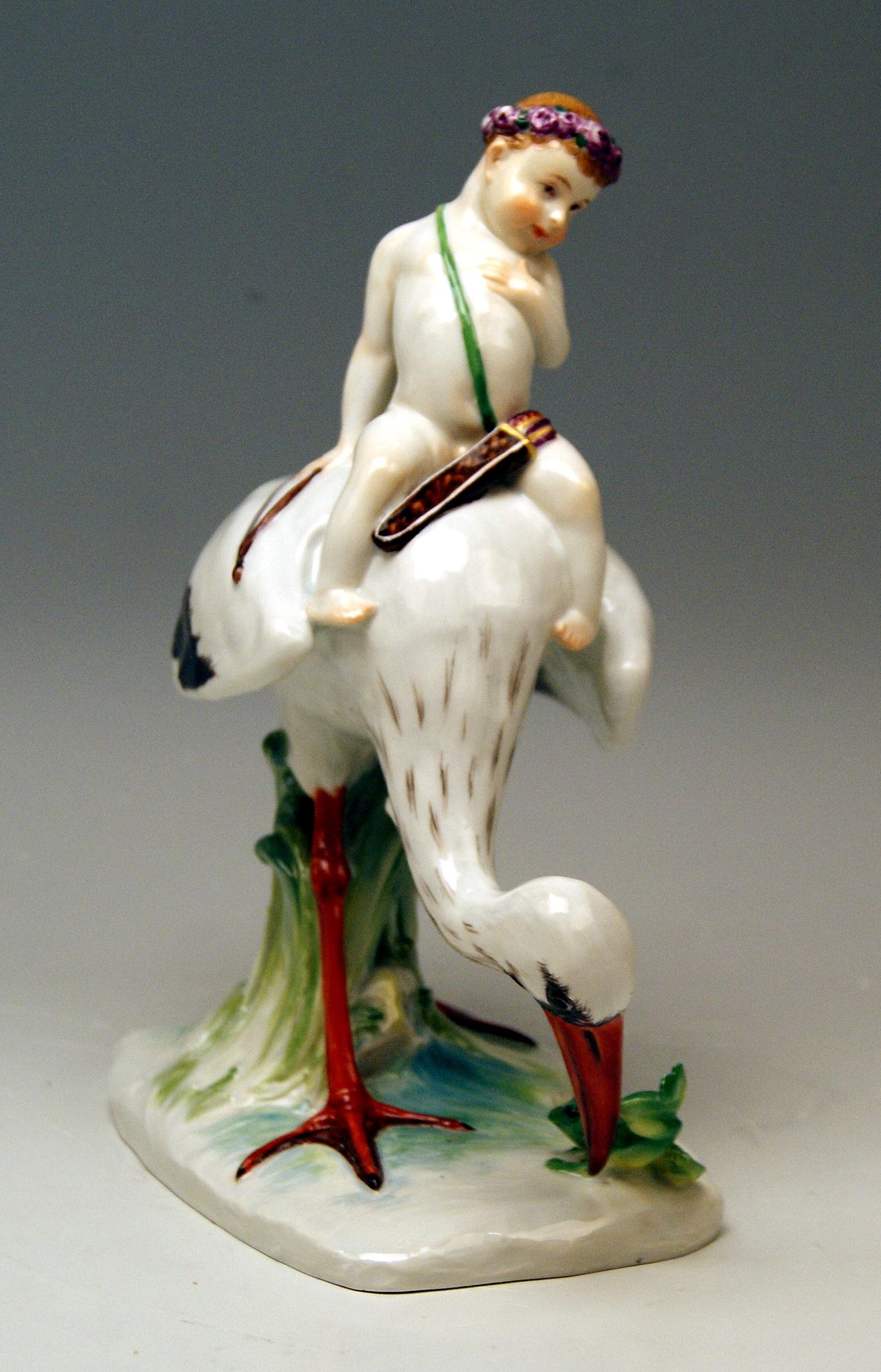 Meissen most remarkable figurine group:  Stork, Frog and Cherub
Model Y 171

Size:
Height 8.66 inches (= 22.0 cm)
Depth 3.93 inches (= 10.0 cm)
Width 8.26 inches (= 21.0 cm)

Manufactory: Meissen
Hallmarked: Blue Meissen Sword Mark 
model number Y