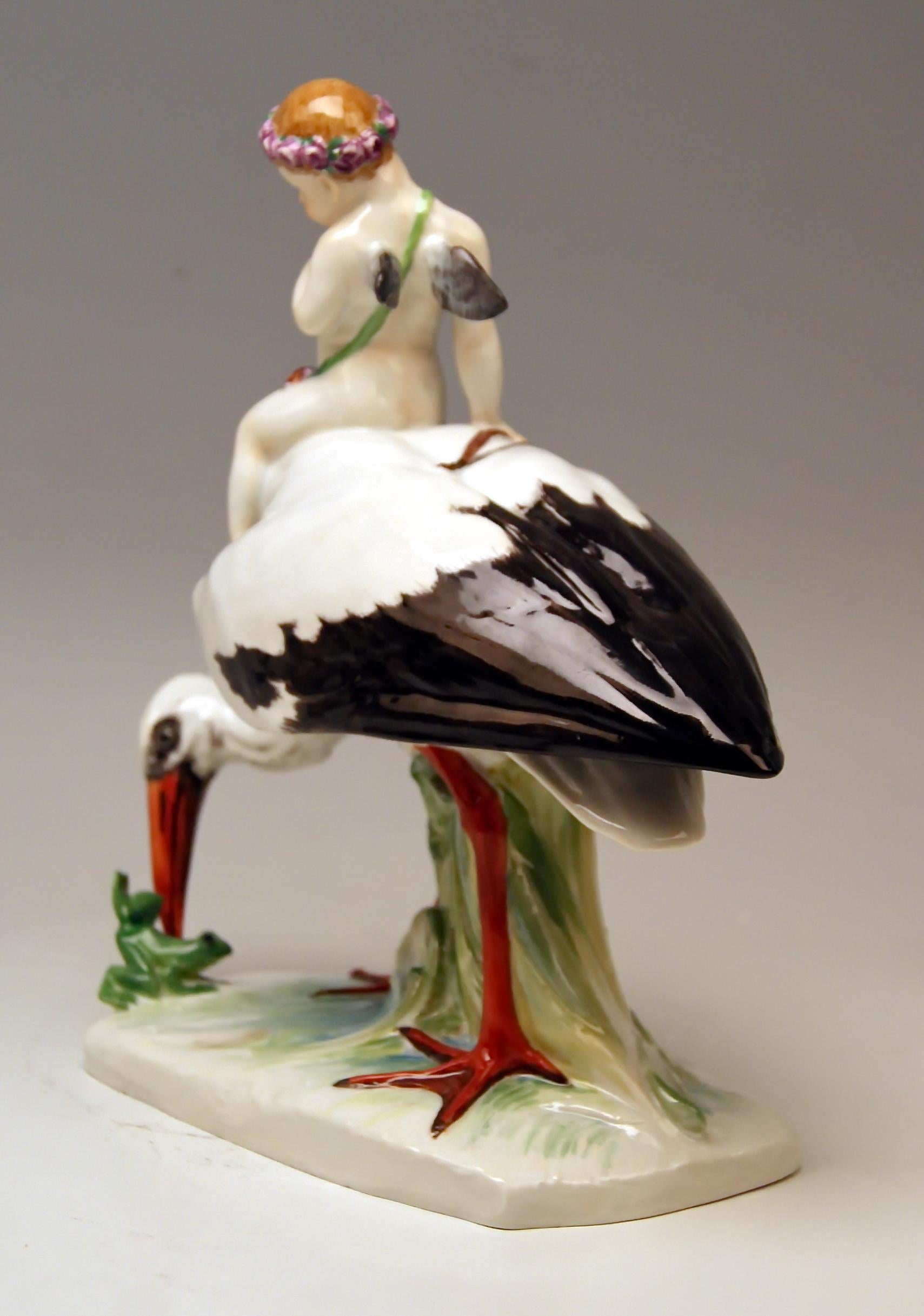 German Meissen Stork Frog Cherub Model Y 171 Martin Wiegand Meissen Jubilee Mark, 1910