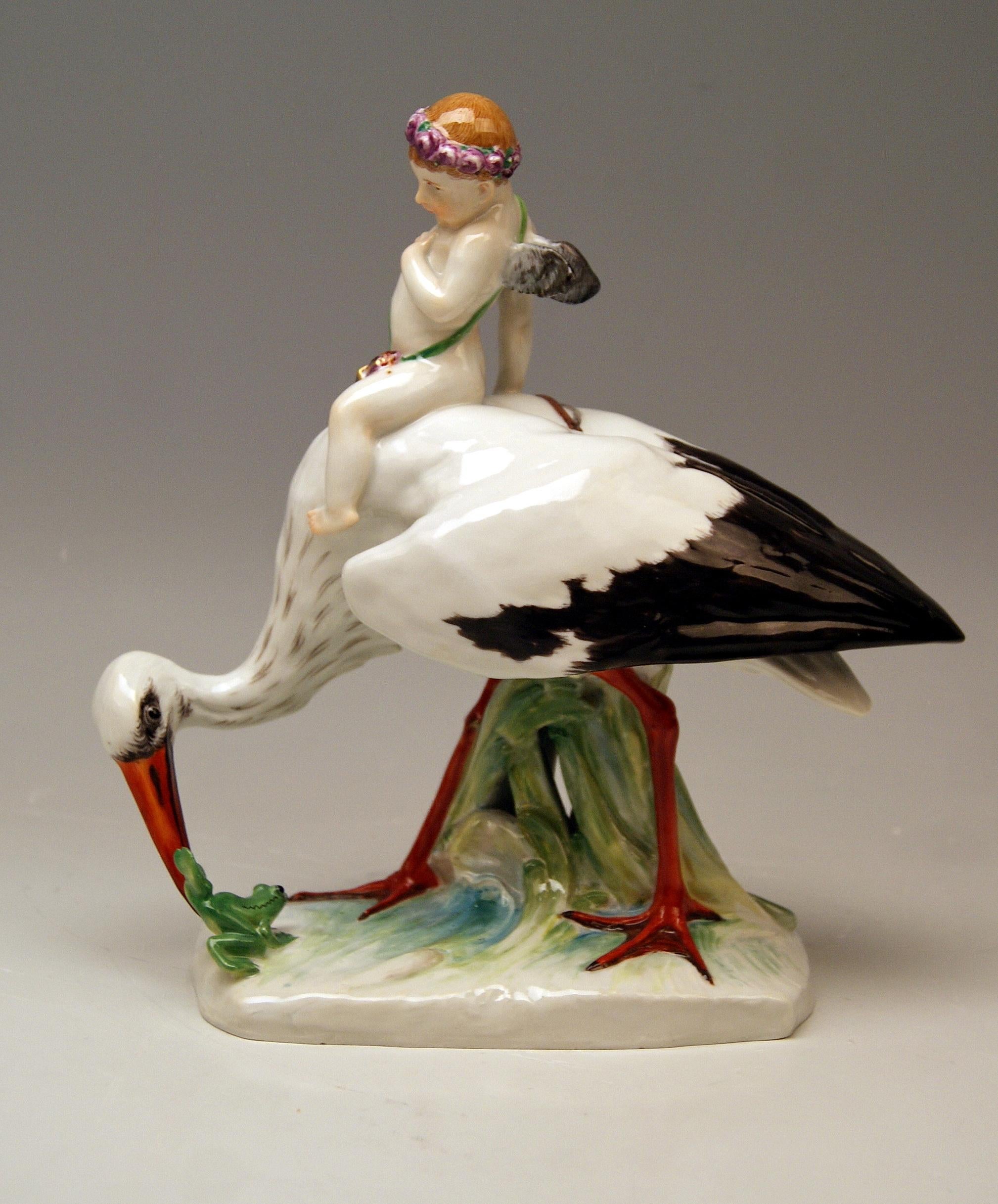 Painted Meissen Stork Frog Cherub Model Y 171 Martin Wiegand Meissen Jubilee Mark, 1910