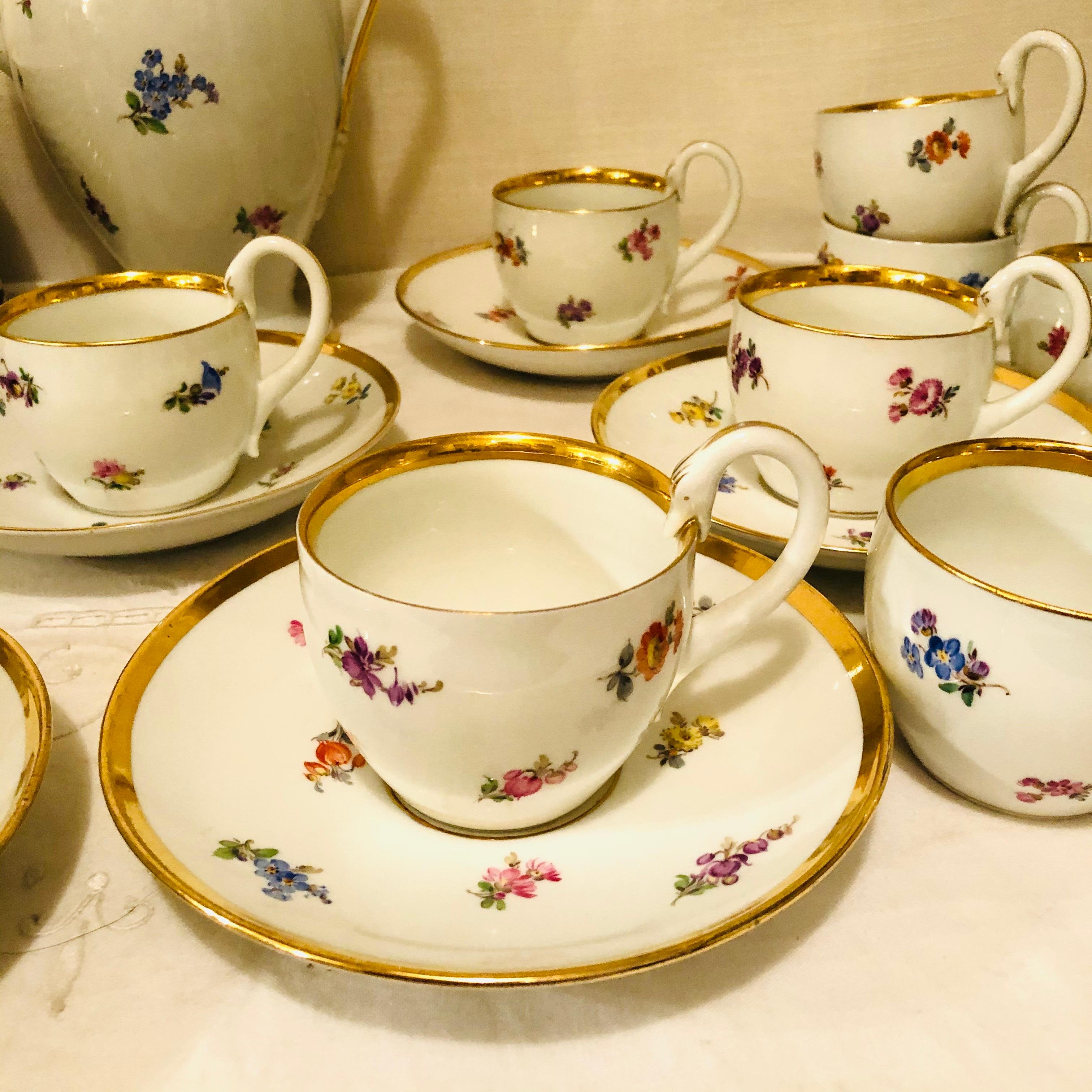 German Meissen Streublumen Tea Set for 10 with Cups and Saucers, Cake Plates and Teapot
