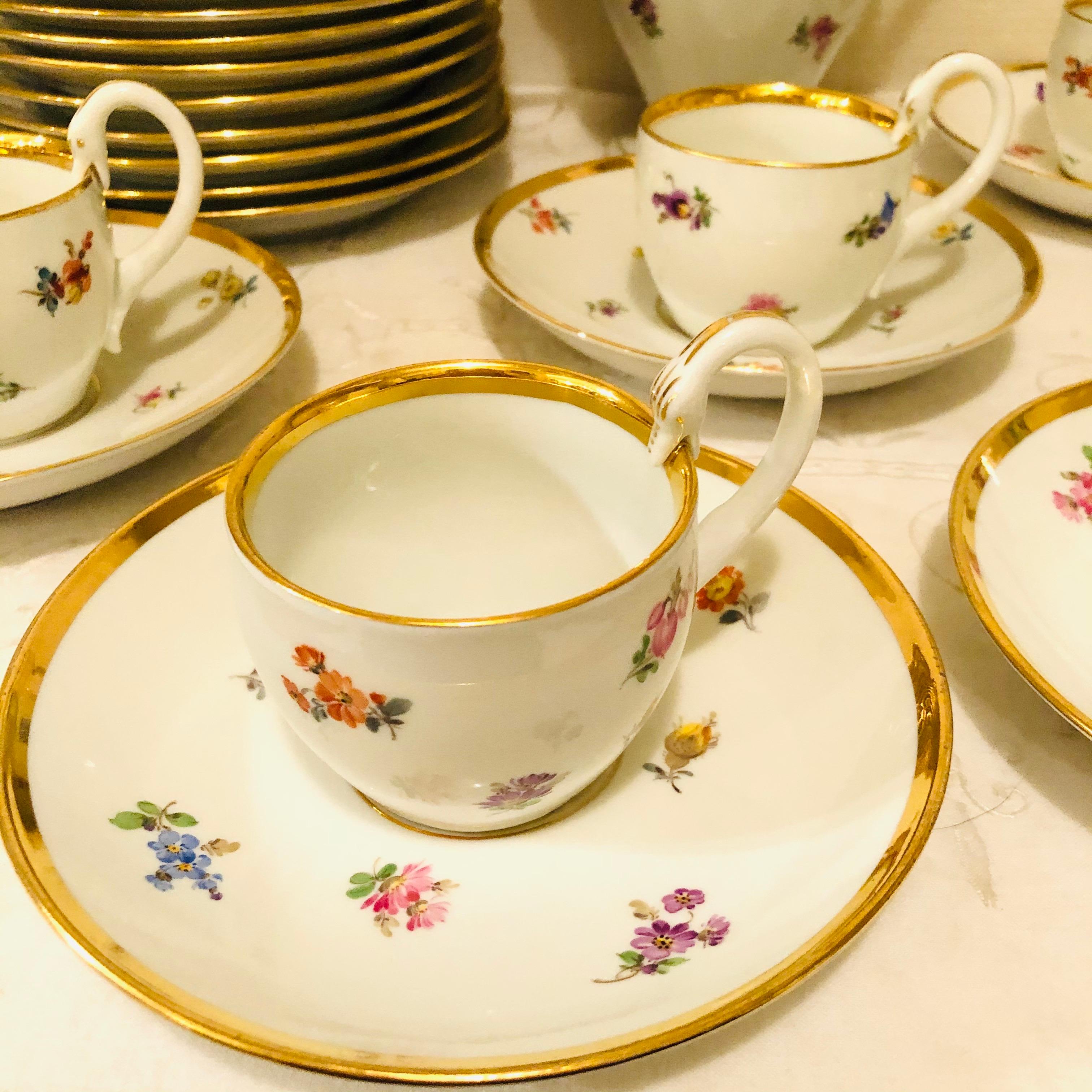 Hand-Painted Meissen Streublumen Tea Set for 10 with Cups and Saucers, Cake Plates and Teapot