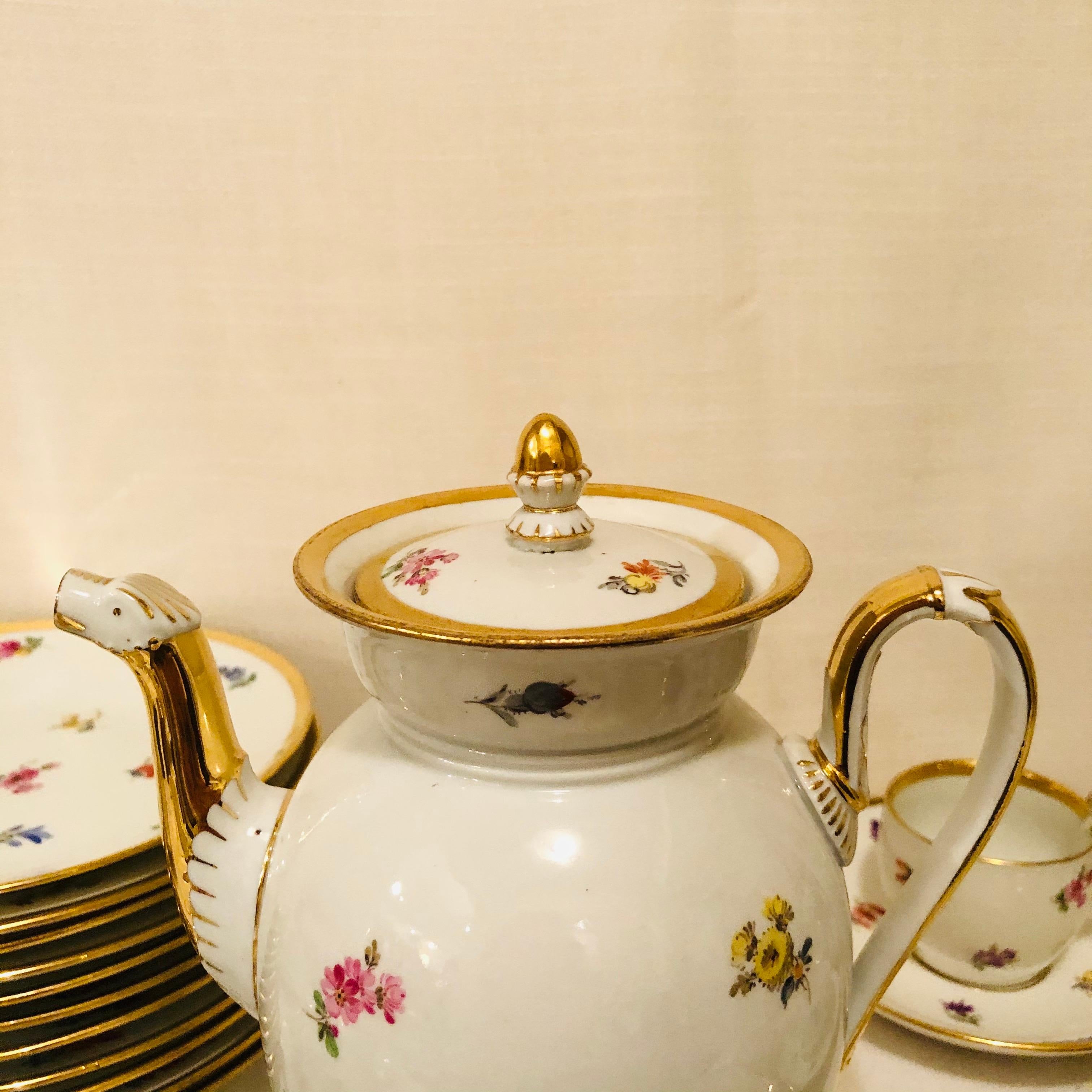 Porcelain Meissen Streublumen Tea Set for 10 with Cups and Saucers, Cake Plates and Teapot