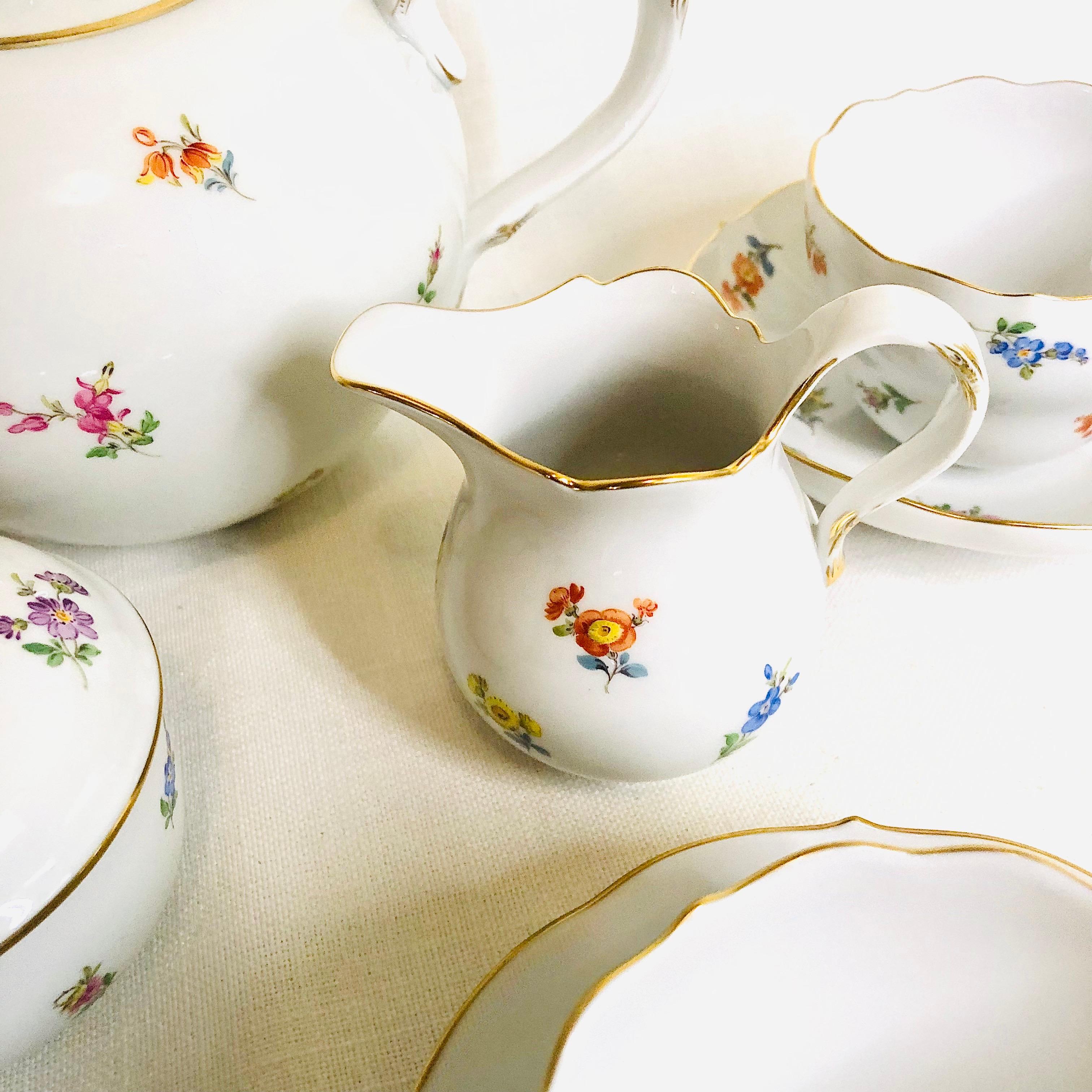 German Meissen Streublumen Tea Set with 4 Cups and Saucers and Covered Sugar & Creamer