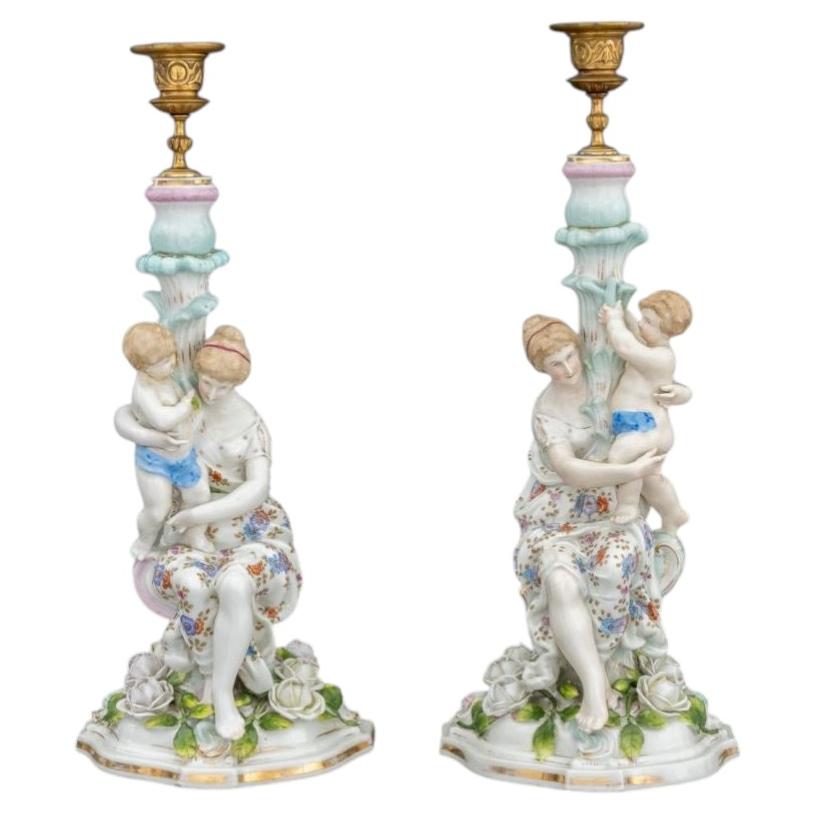 Meissen Style Porcelain Figural Candlesticks, Pair