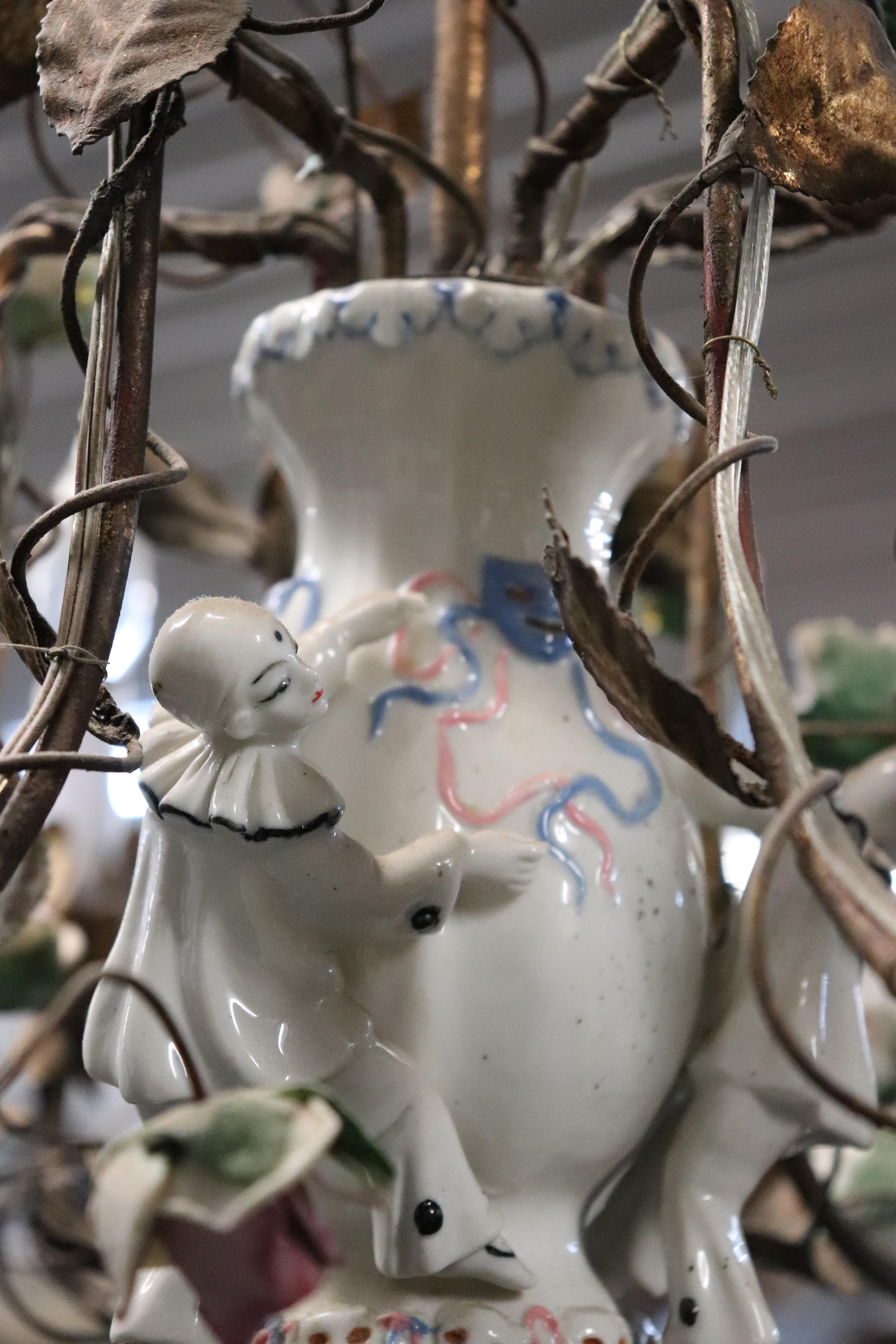 Meissen style Porcelain Figural Floral Chandelier with Gilt Details Italian Made For Sale 6