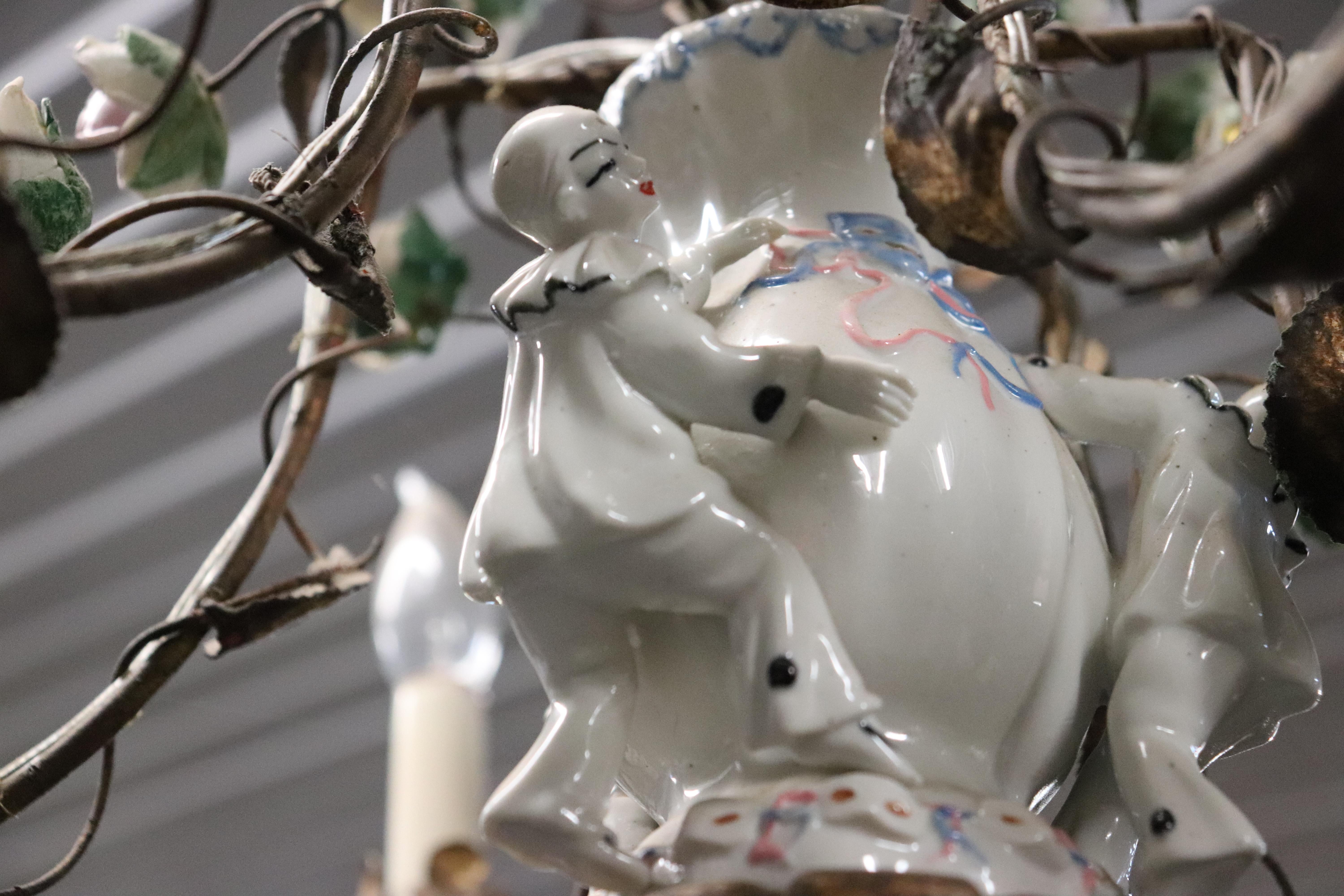 Meissen style Porcelain Figural Floral Chandelier with Gilt Details Italian Made For Sale 8
