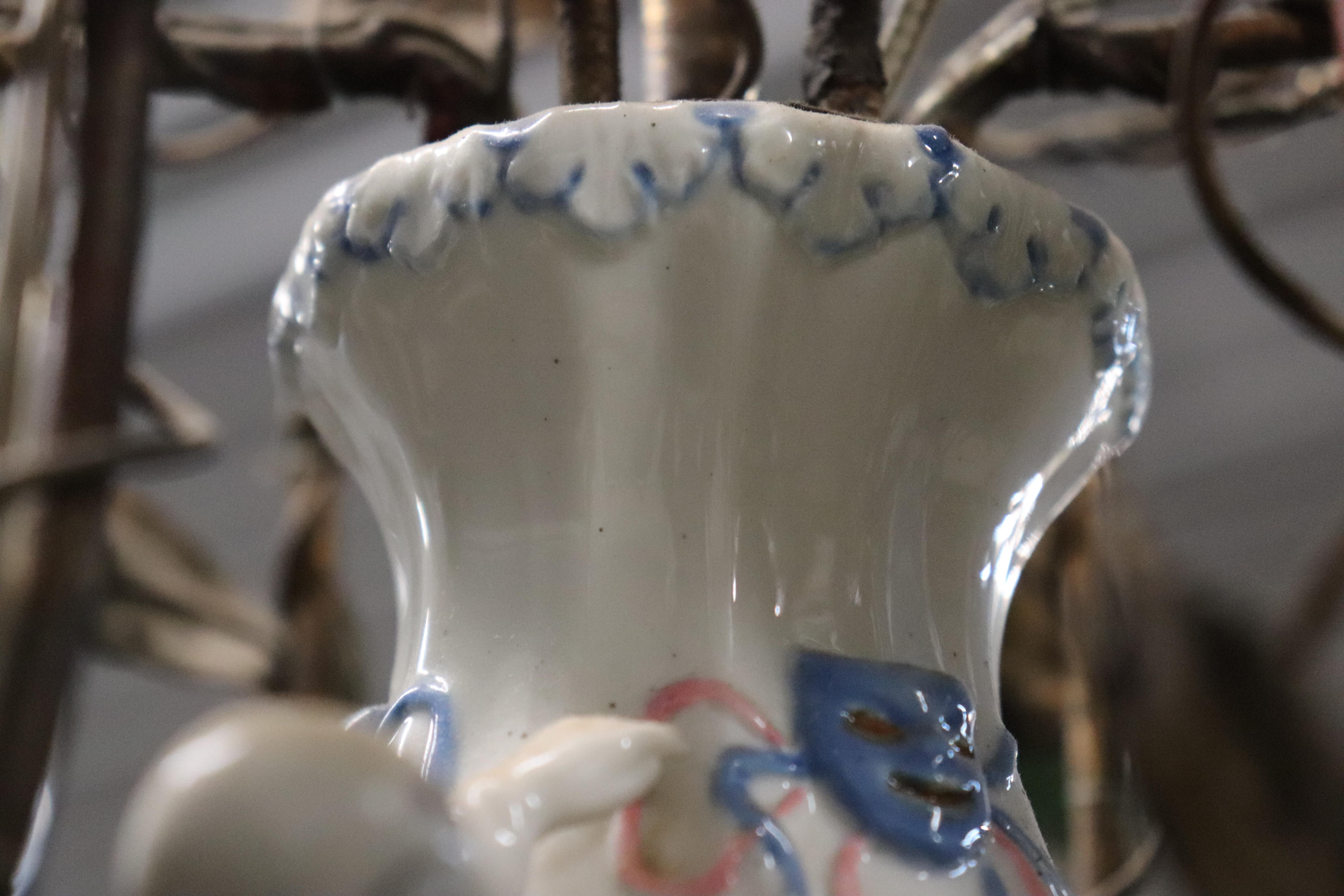 Meissen style Porcelain Figural Floral Chandelier with Gilt Details Italian Made For Sale 11