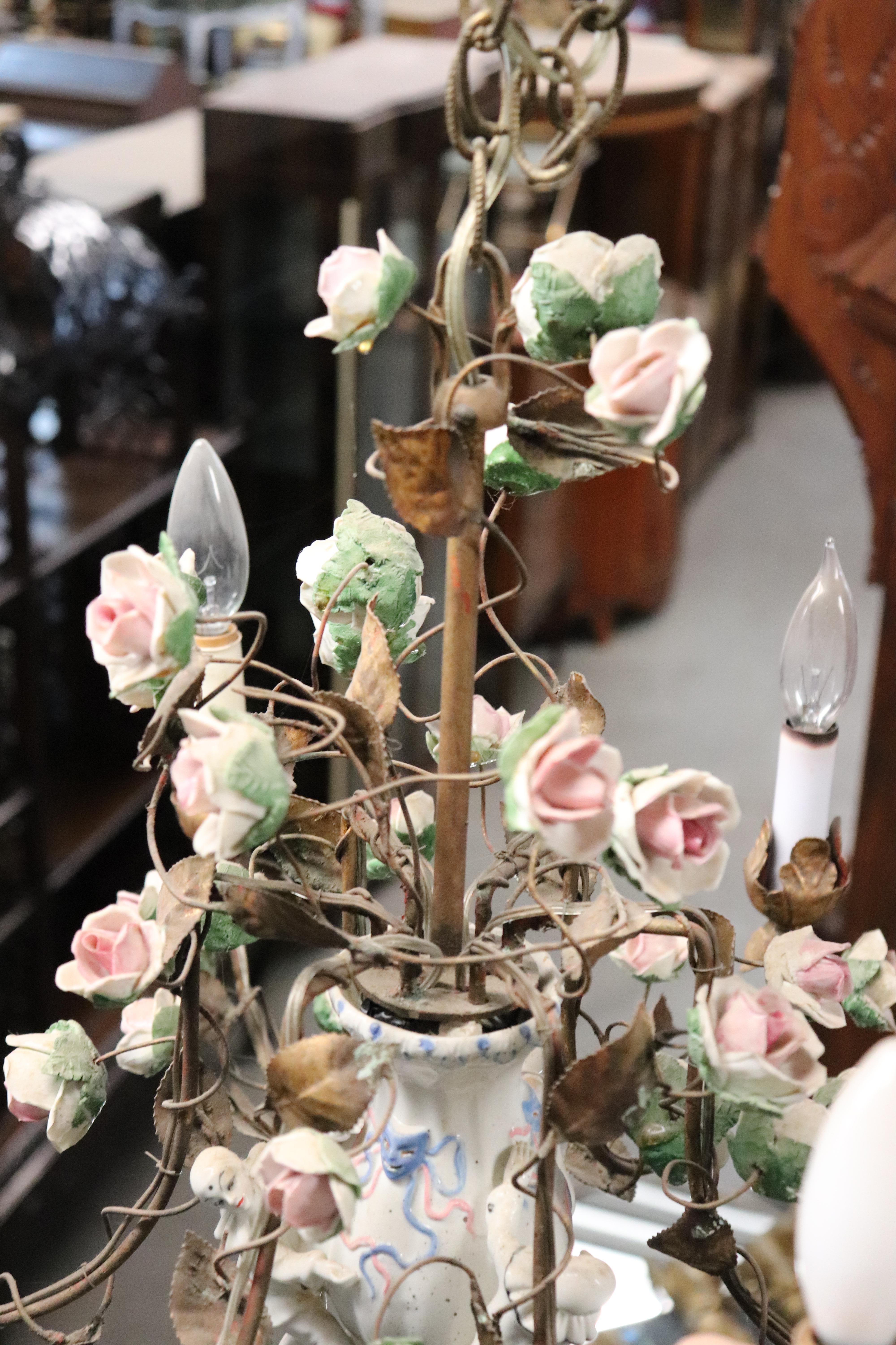 Meissen style Porcelain Figural Floral Chandelier with Gilt Details Italian Made For Sale 13
