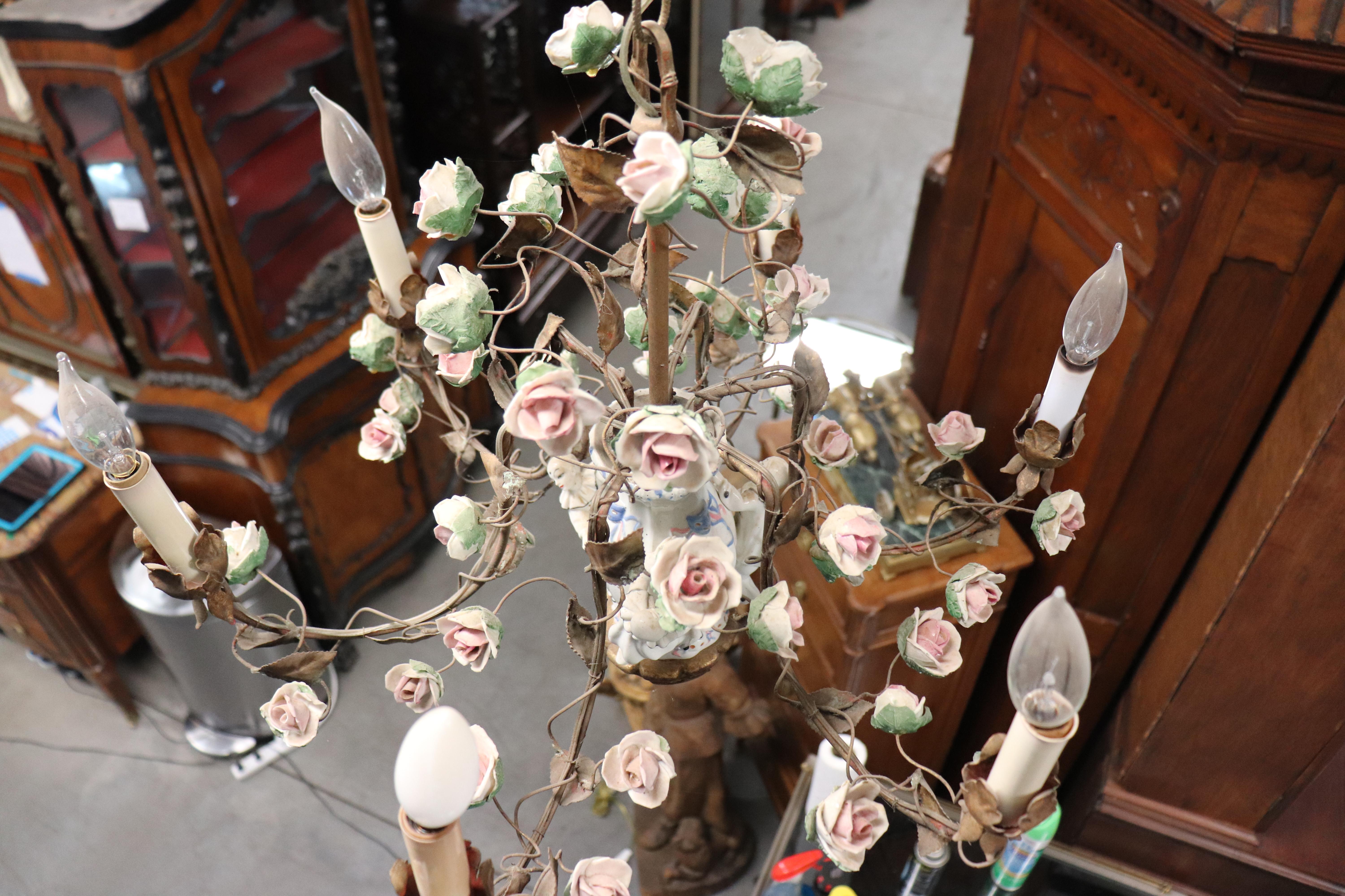Meissen style Porcelain Figural Floral Chandelier with Gilt Details Italian Made For Sale 14