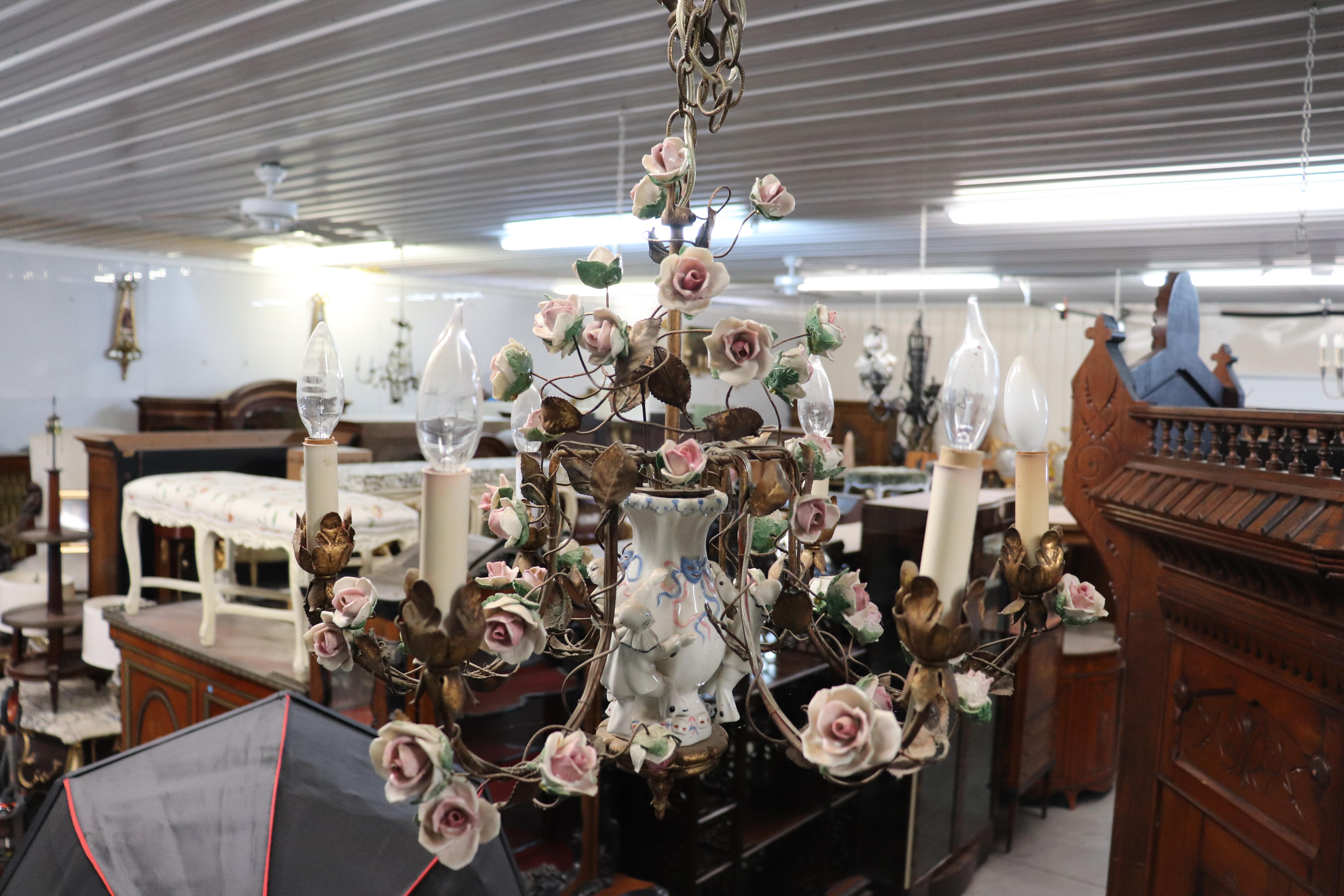 Louis XV Meissen style Porcelain Figural Floral Chandelier with Gilt Details Italian Made For Sale