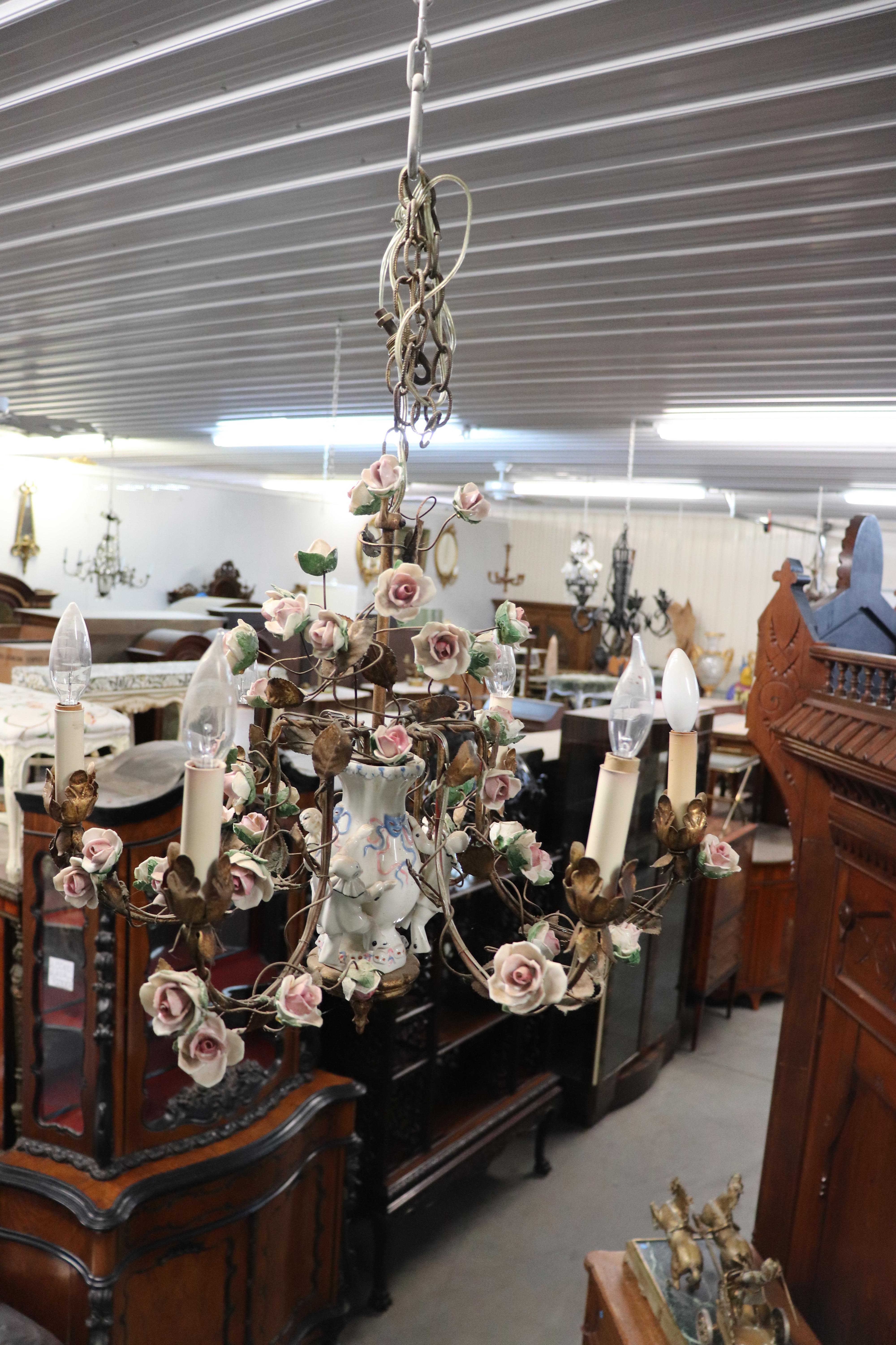 Mid-20th Century Meissen style Porcelain Figural Floral Chandelier with Gilt Details Italian Made For Sale