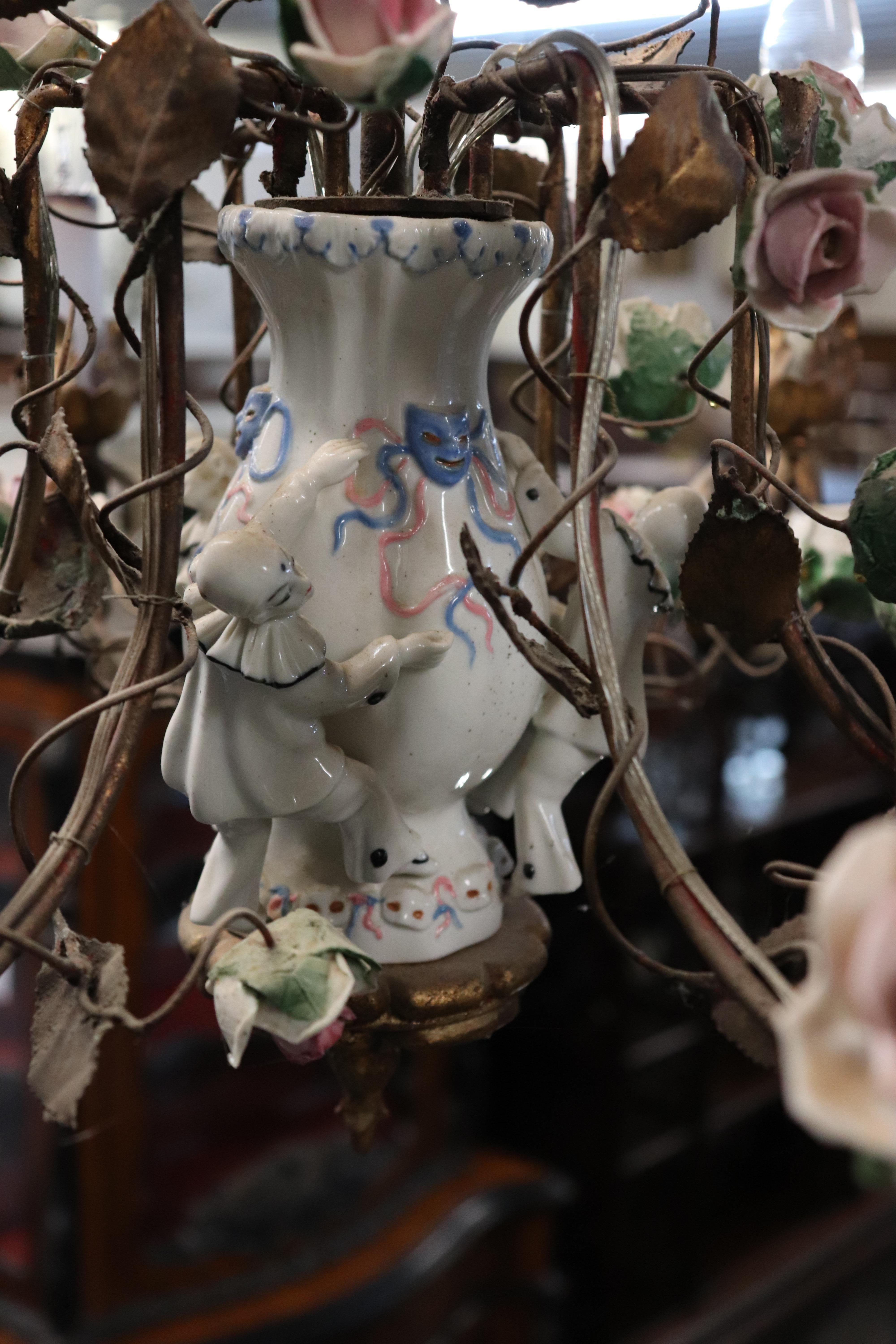 Meissen style Porcelain Figural Floral Chandelier with Gilt Details Italian Made For Sale 1