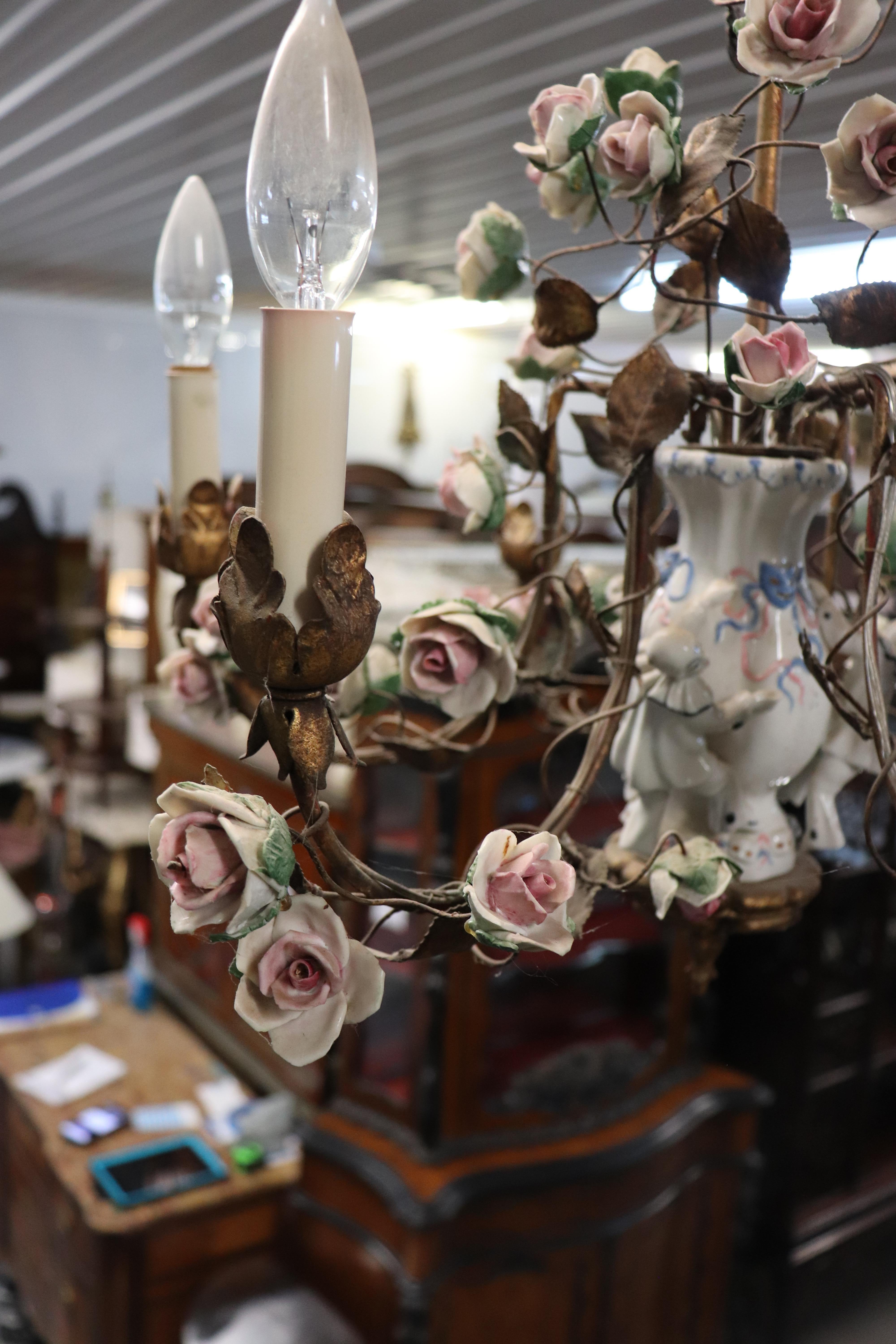 Meissen style Porcelain Figural Floral Chandelier with Gilt Details Italian Made For Sale 2