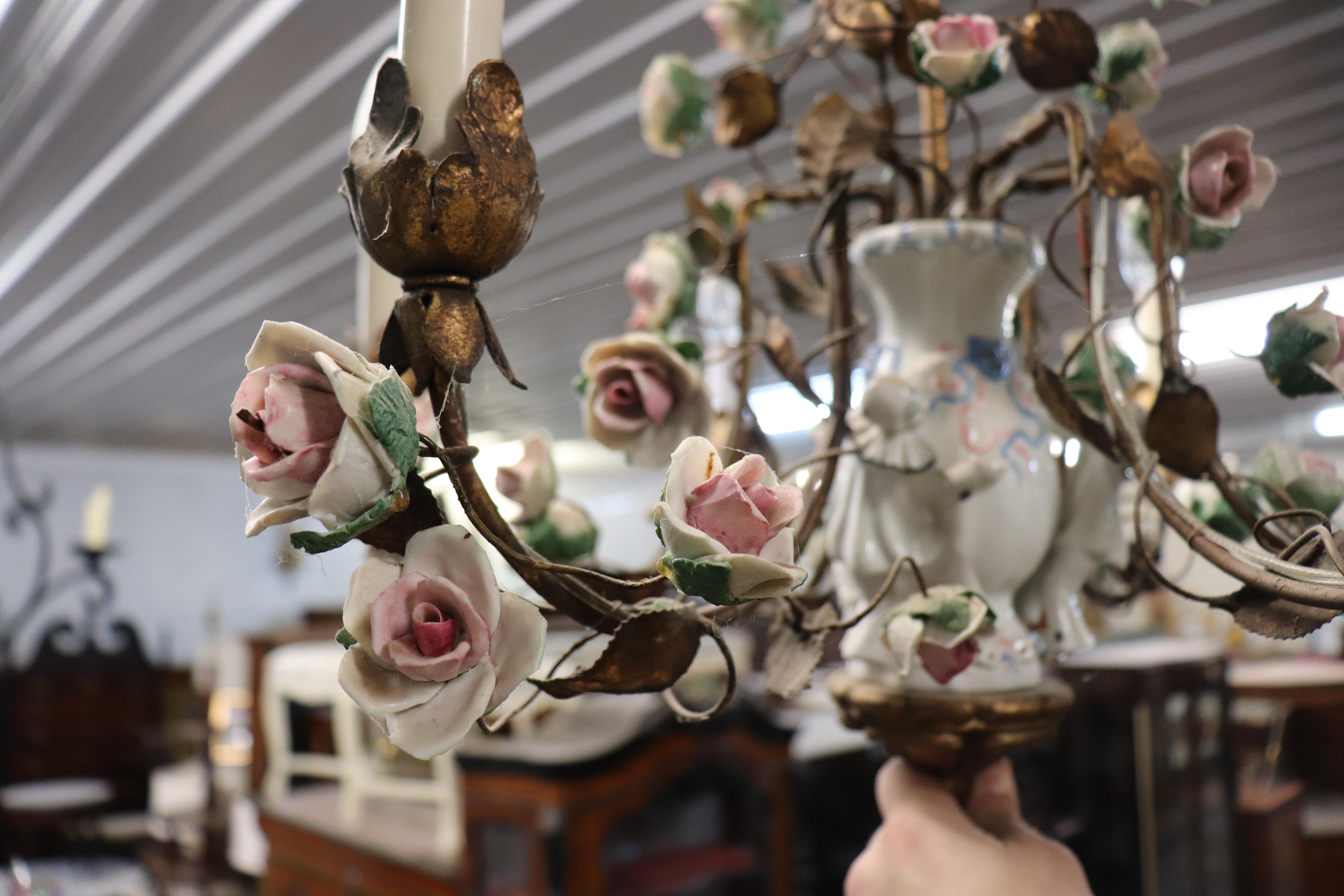 Meissen style Porcelain Figural Floral Chandelier with Gilt Details Italian Made For Sale 4
