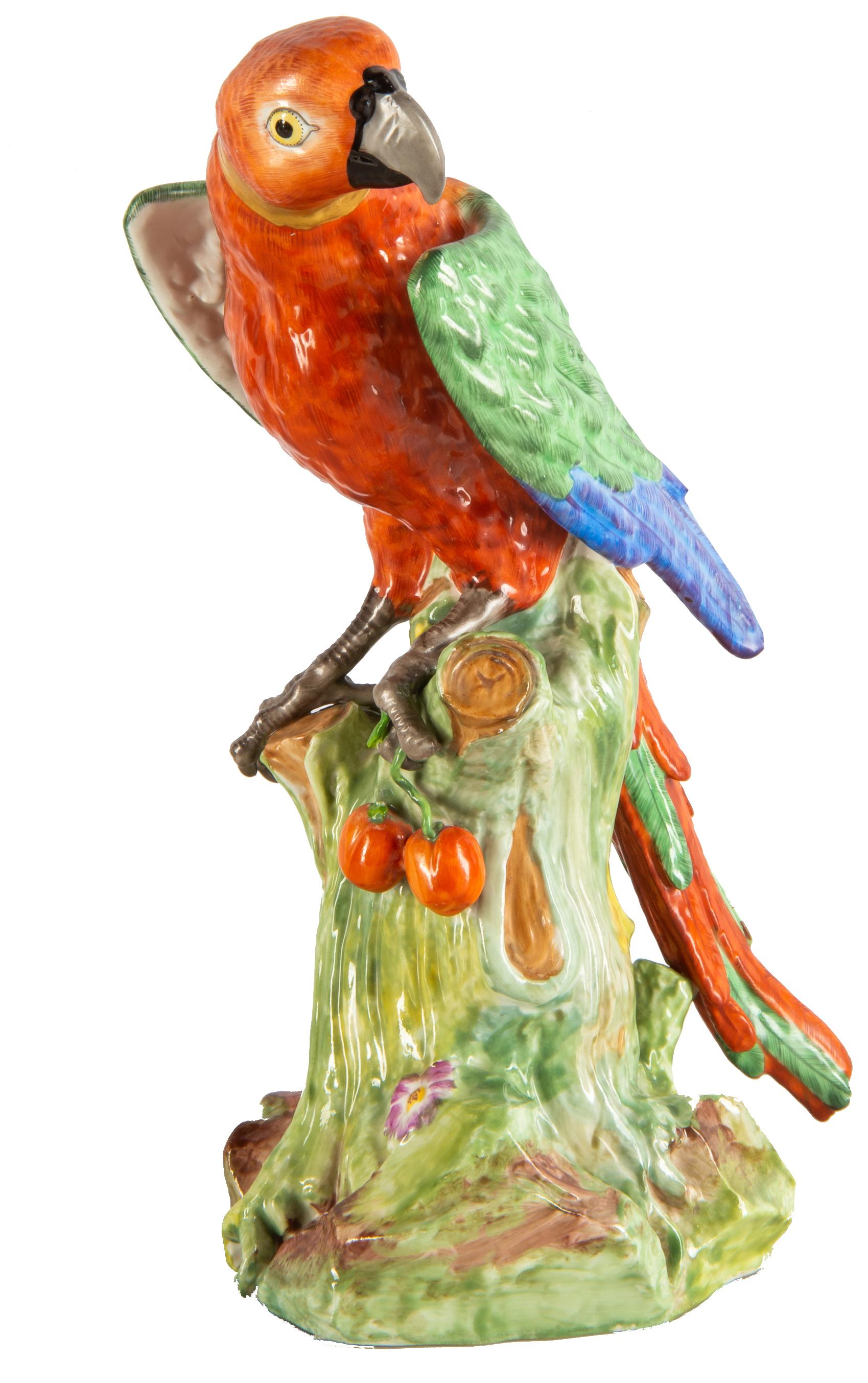 A good quality Meissen style porcelain parrot with wonderful bright coloring, late 19th century.