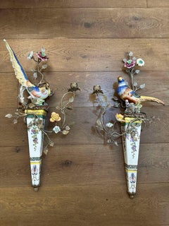 Meissen Style Porcelain Pheasants Wall Sconces with Floral and Gilded Bronze