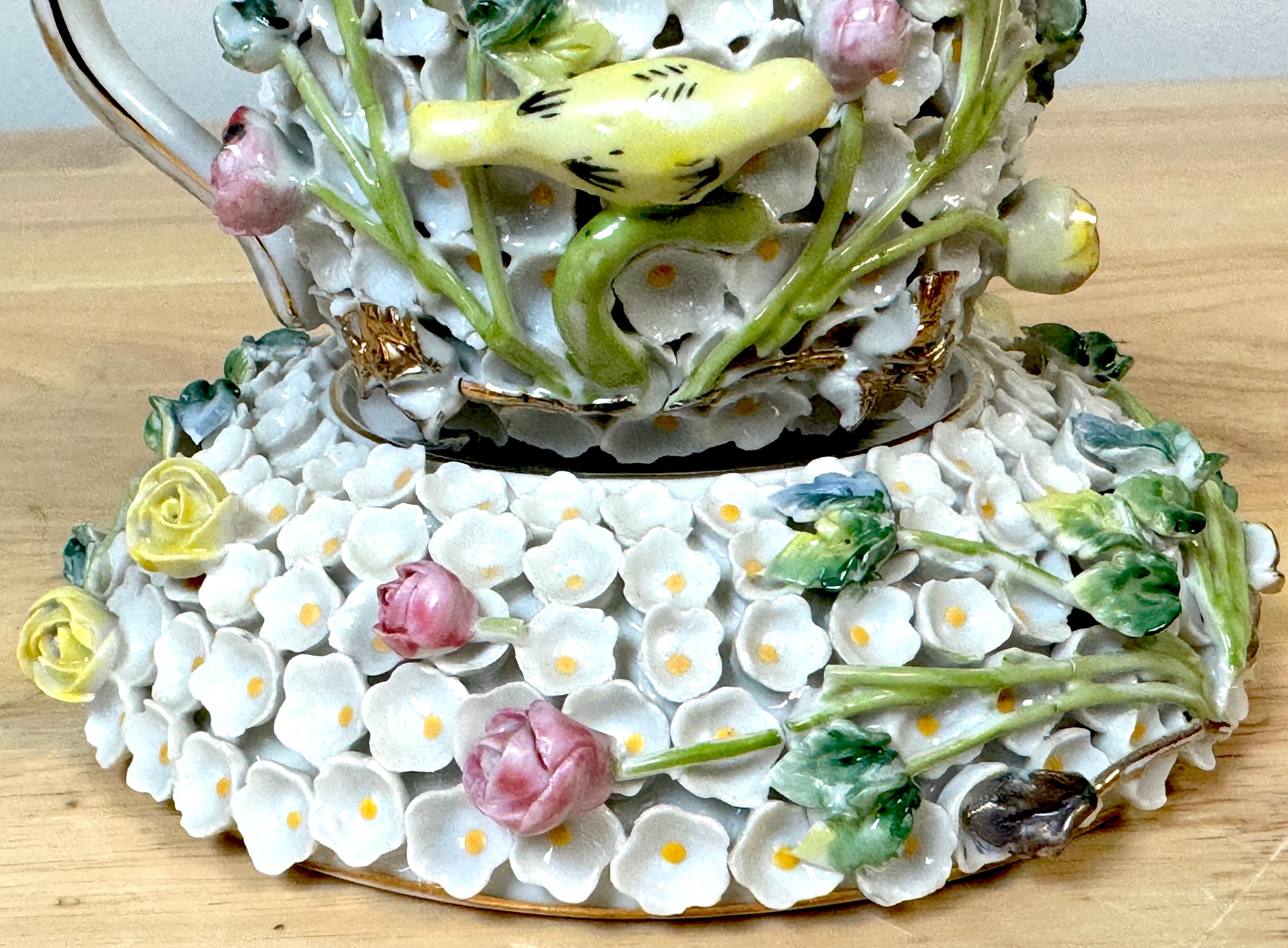 European Meissen Style Schneeballen Teacup & Saucer & Lid For Sale