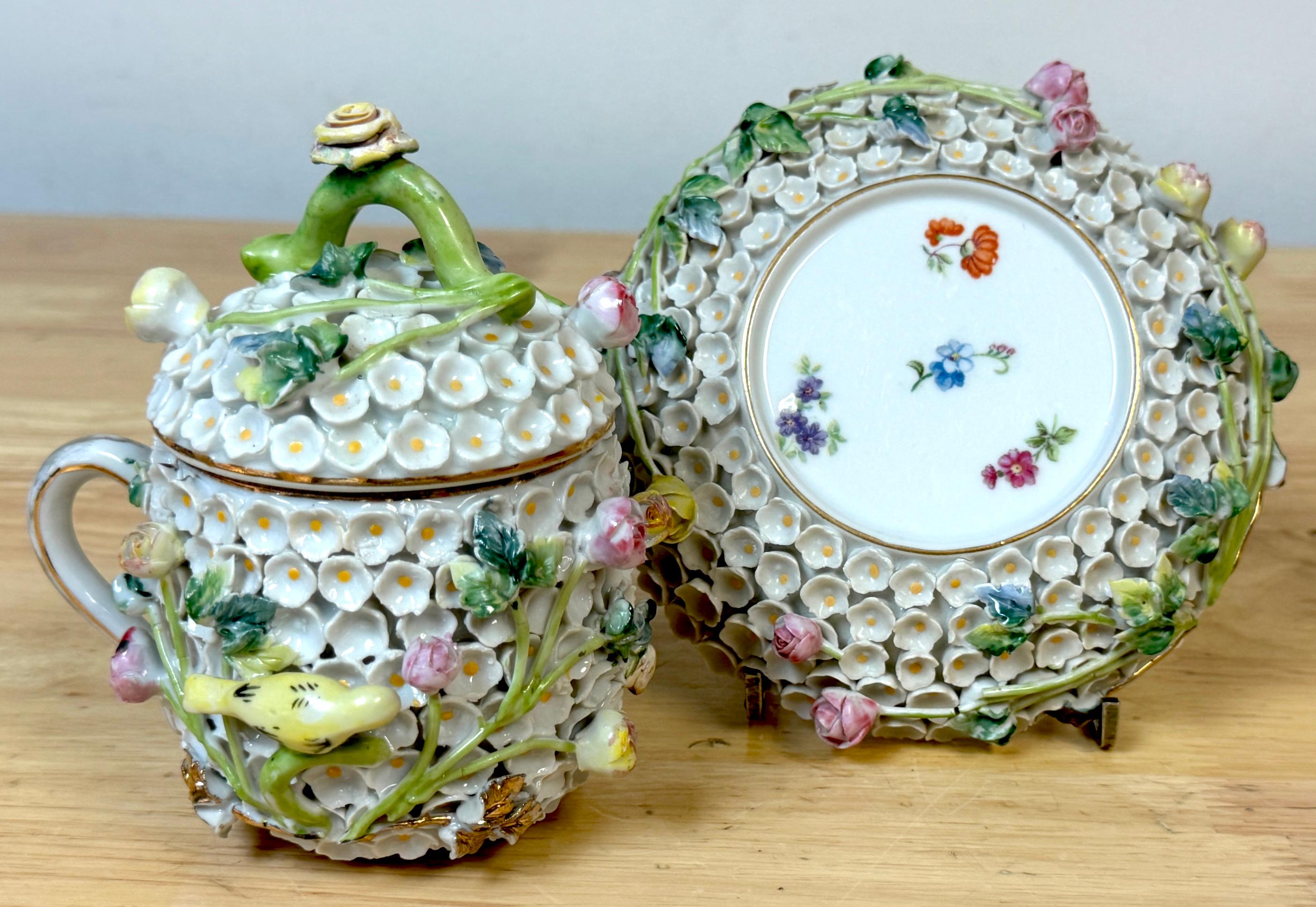 20th Century Meissen Style Schneeballen Teacup & Saucer & Lid For Sale