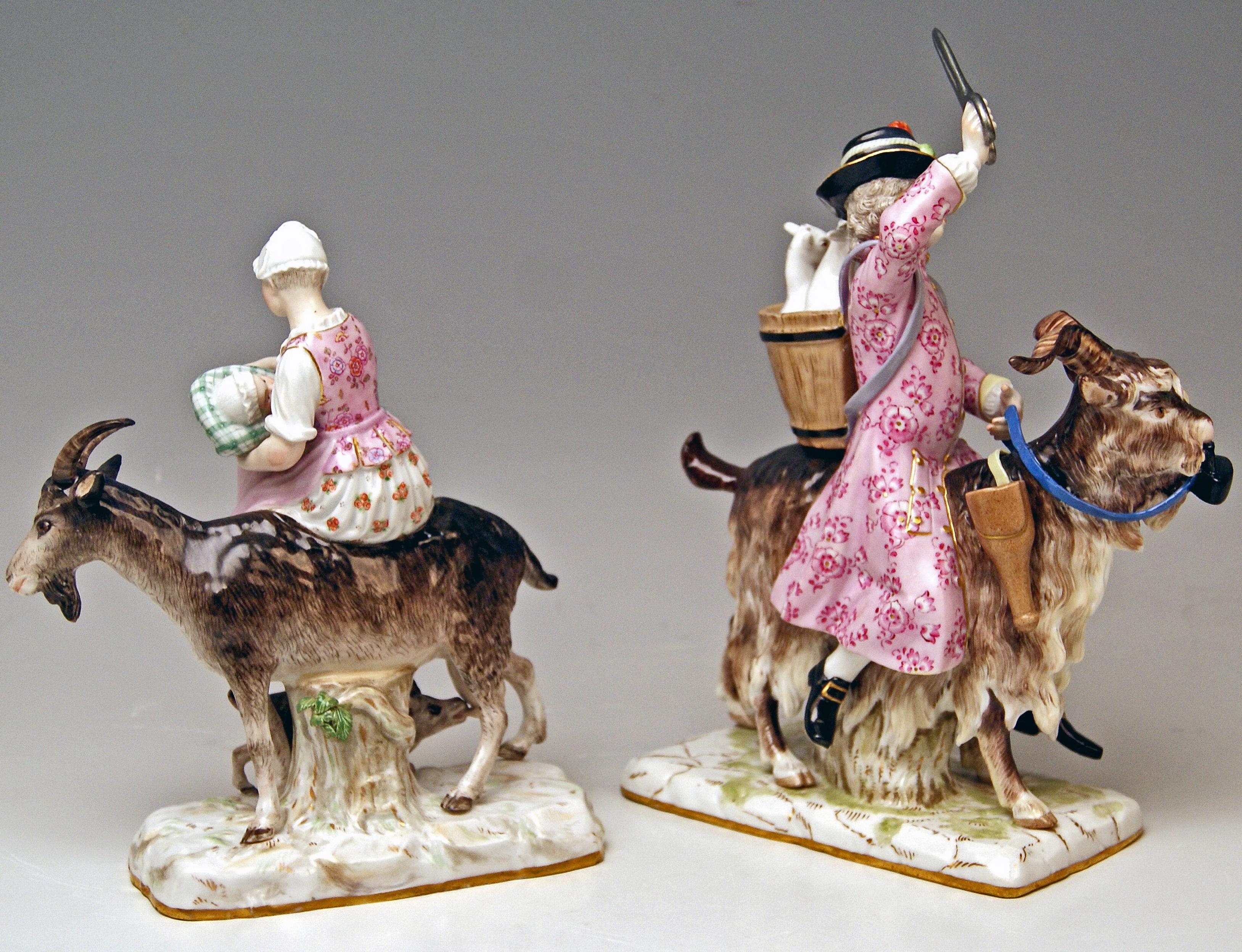Meissen Stunning Pair of Figurines:  Tailor of Count Bruehl Riding on Goat & Wife of Tailor Riding on Goat 

Manufactory:  Meissen
Dating:    19th century / made circa 1860 - 70
Material:  white porcelain, glossy finish, finest painting 
Technique: