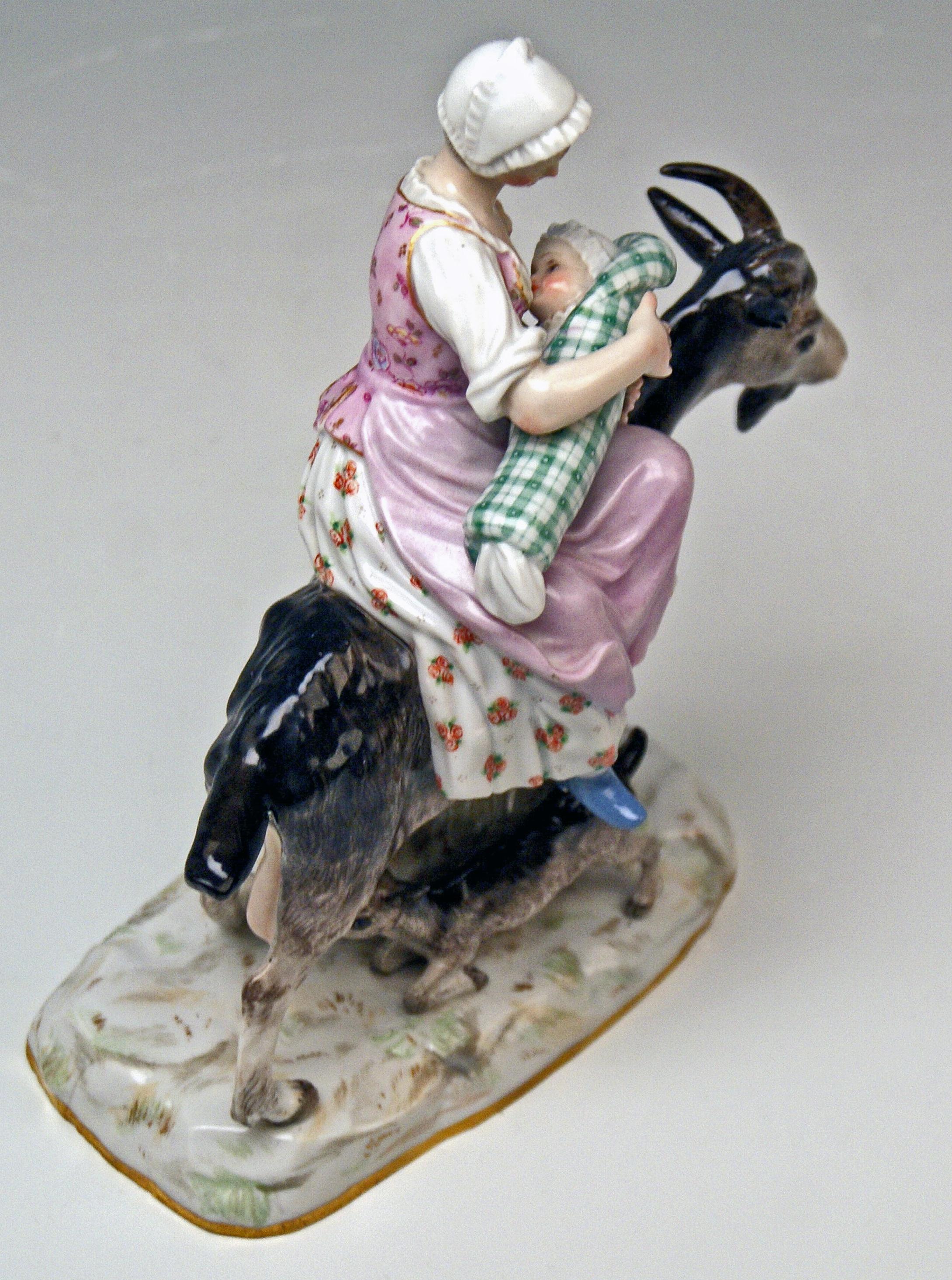 Hand-Painted Meissen Tailor & Wife of Tailor on Goat Models 171 155 by Kaendler Eberlein 1860
