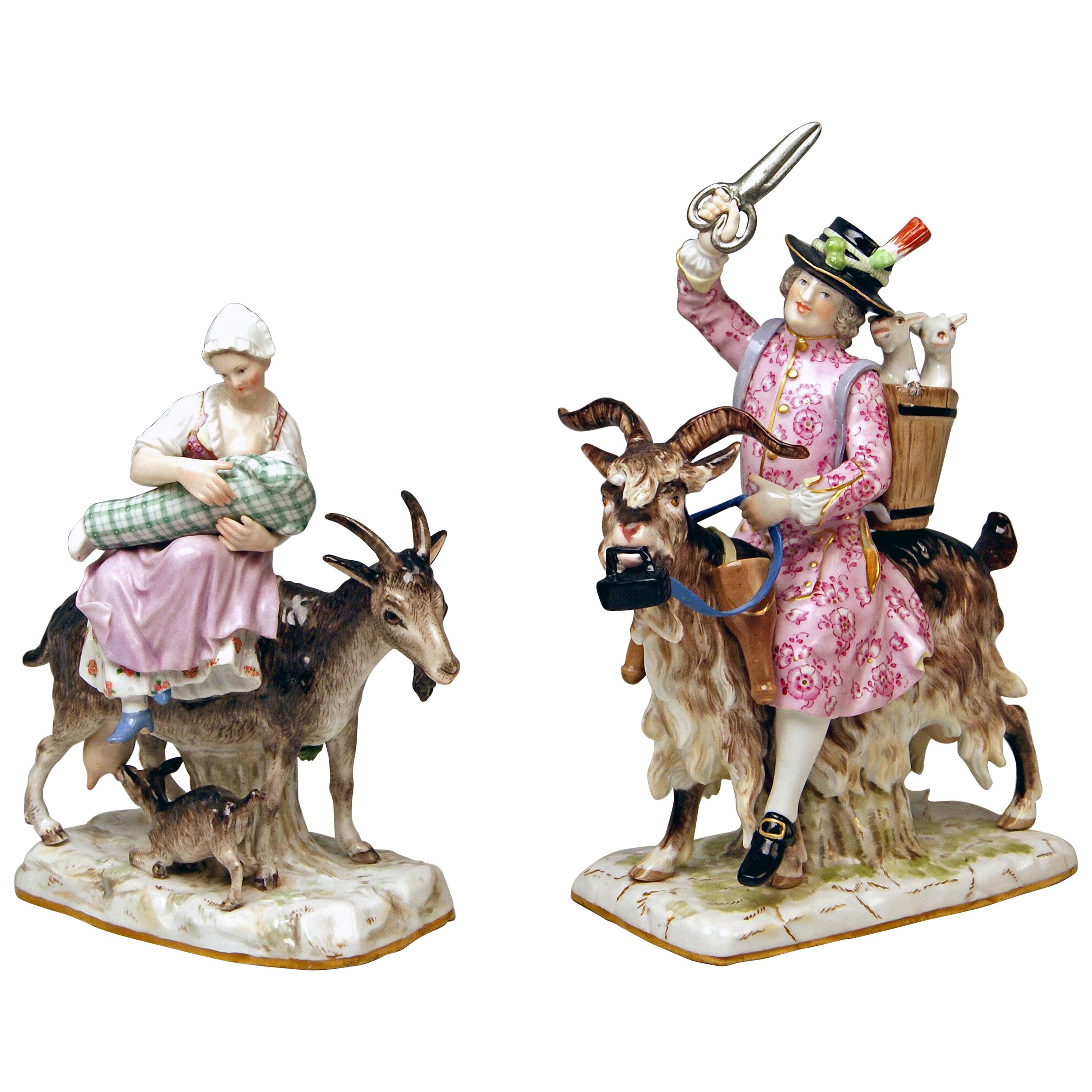 Meissen Tailor & Wife of Tailor on Goat Models 171 155 by Kaendler Eberlein 1860