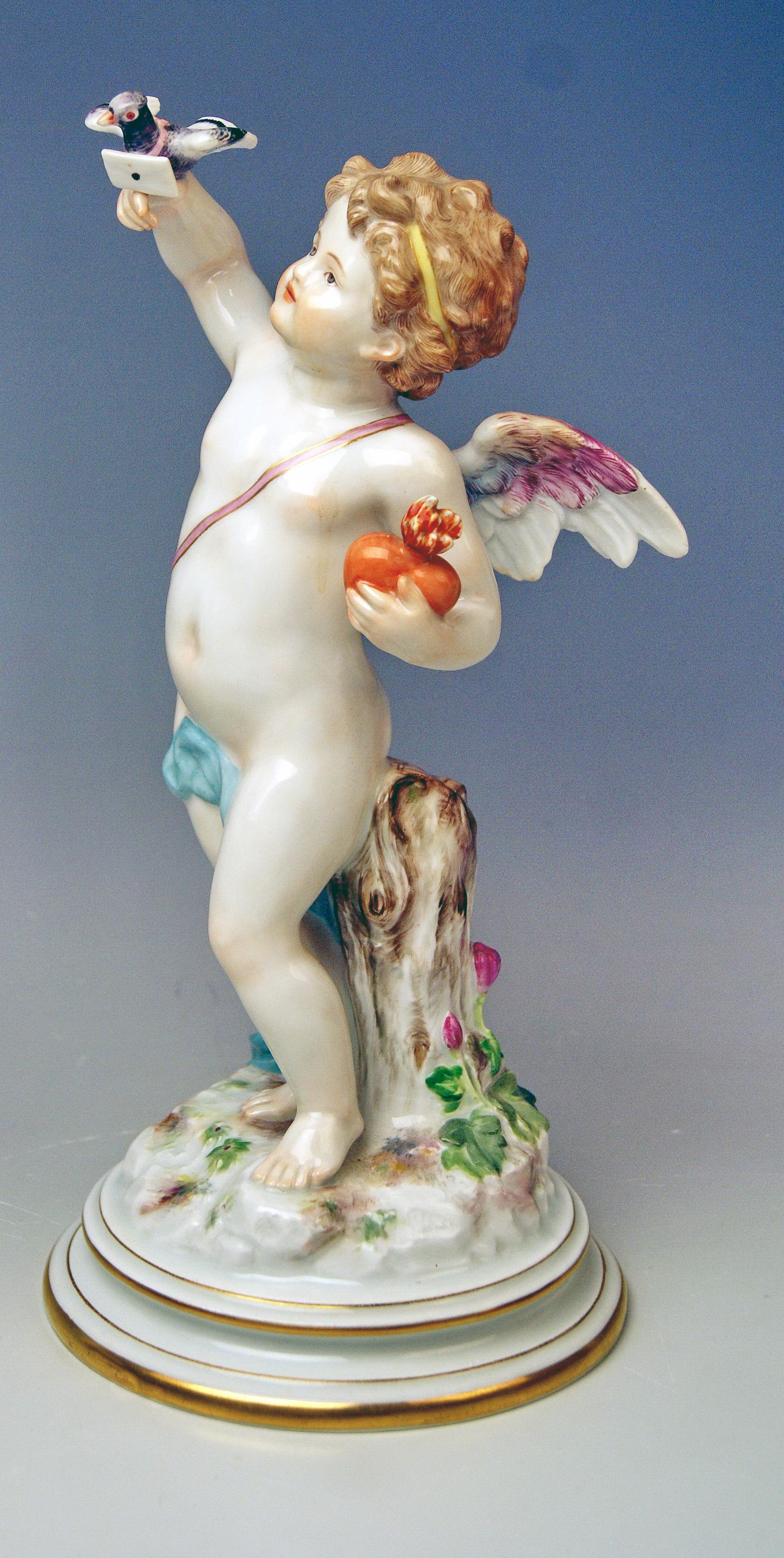 Meissen tall Cupid figurine: Cherub holding a dove of peace with love letter
The details are stunningly sculptured = finest modelling

Manufactory: Meissen 
Dating: Made 1880-1890
Hallmarked: Meissen mark with pommels on hilts (latest 19th